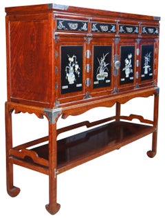 Chinese Elm Mother of Pearl Cabinet Chest on Stand Chinoiserie Ming Tansu Style