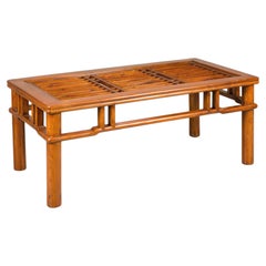 Chinese Elm Open Lattice Coffee Table with Glass-Inset Top