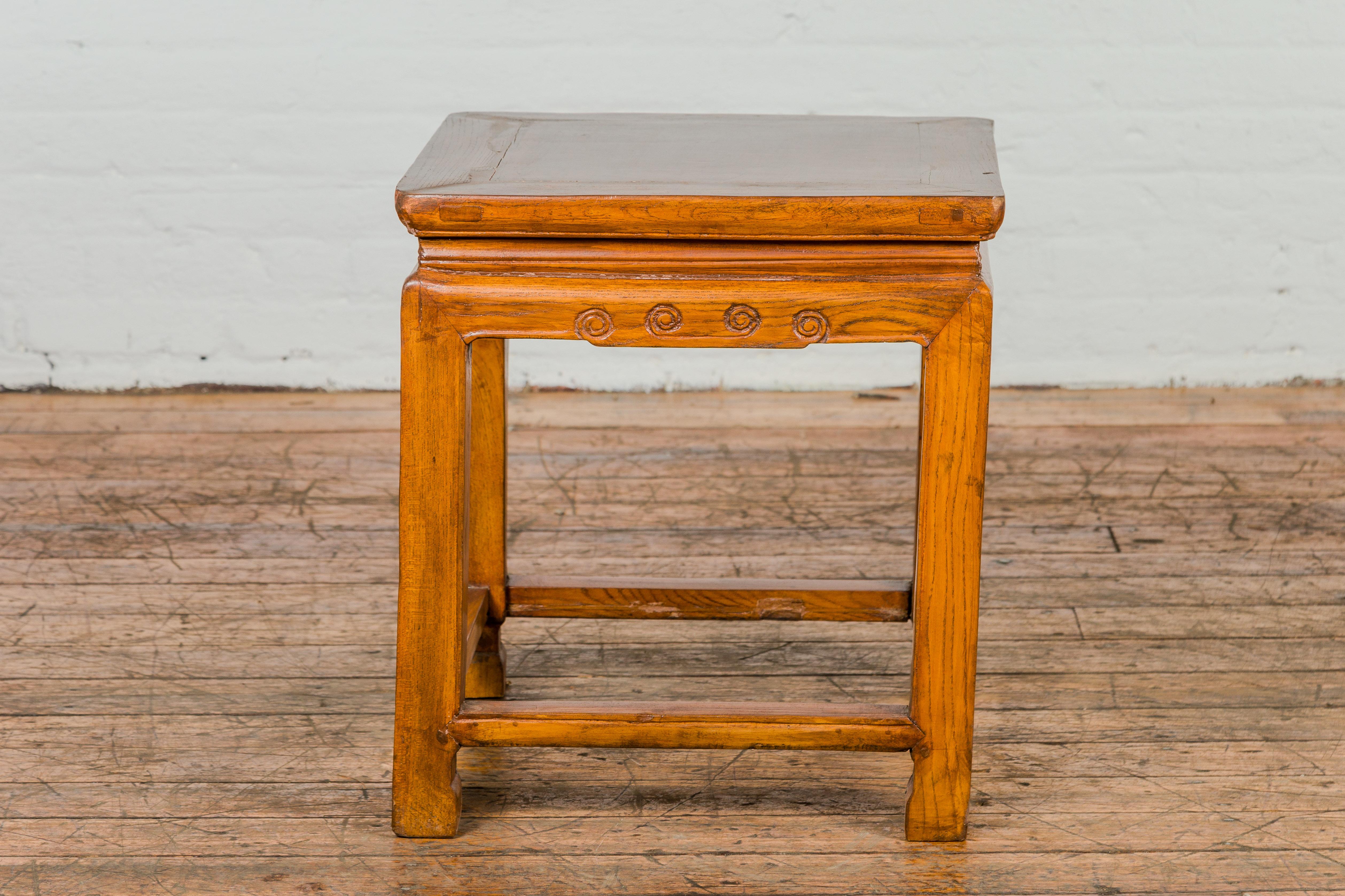 Chinese Elm Qing Dynasty Period Side Table with Horse Hoof Legs and Stretchers For Sale 8
