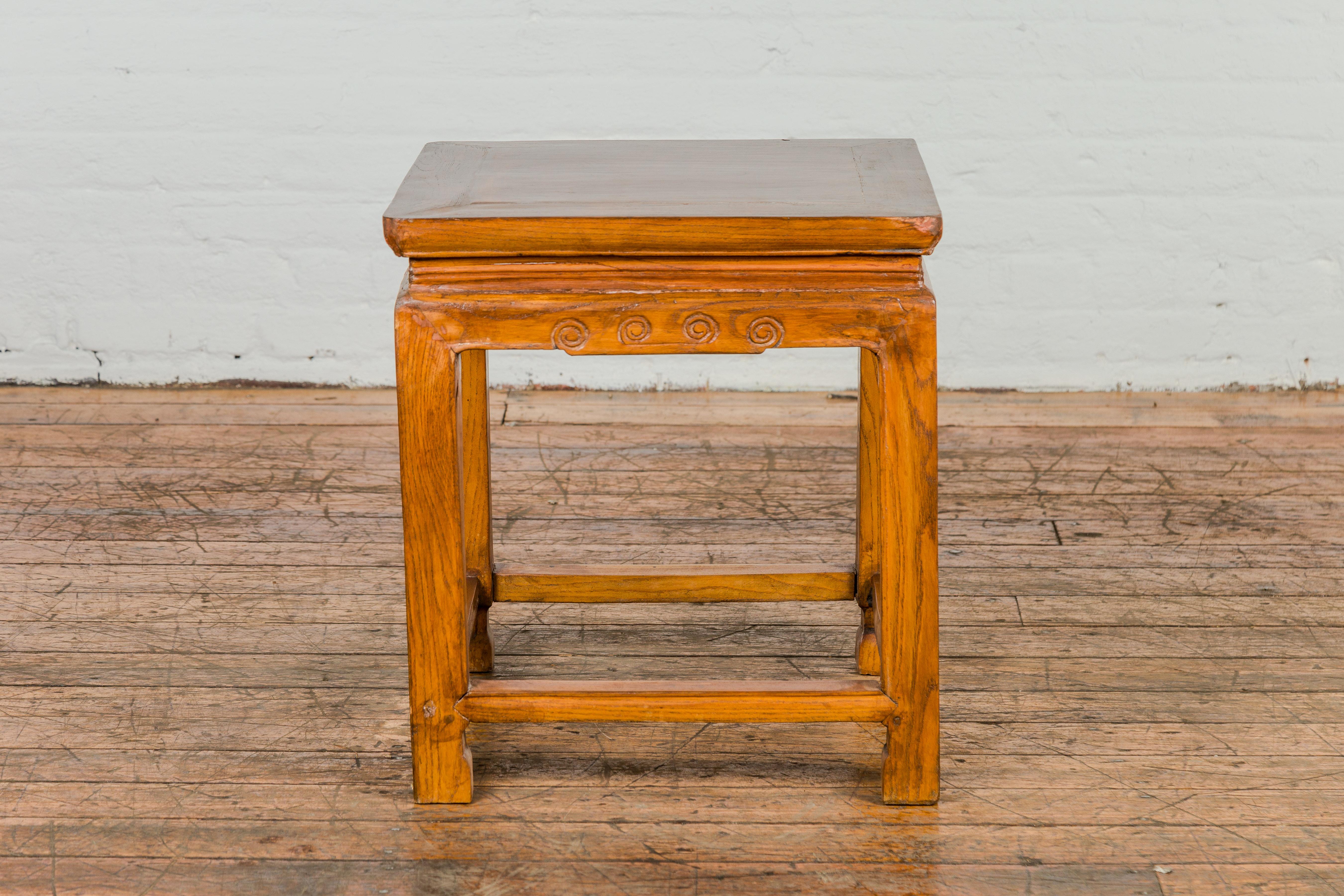Chinese Elm Qing Dynasty Period Side Table with Horse Hoof Legs and Stretchers For Sale 9