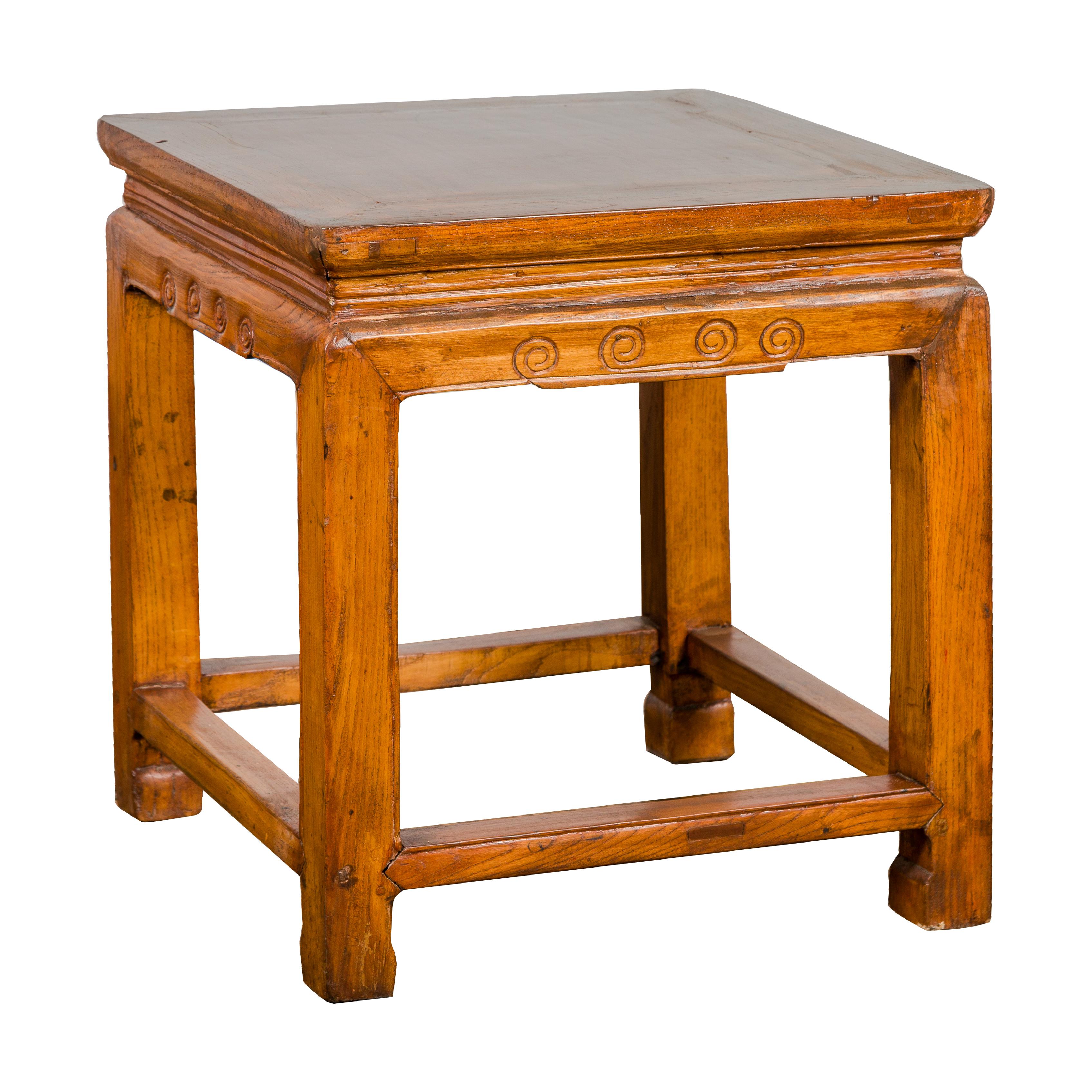 Chinese Elm Qing Dynasty Period Side Table with Horse Hoof Legs and Stretchers For Sale 10
