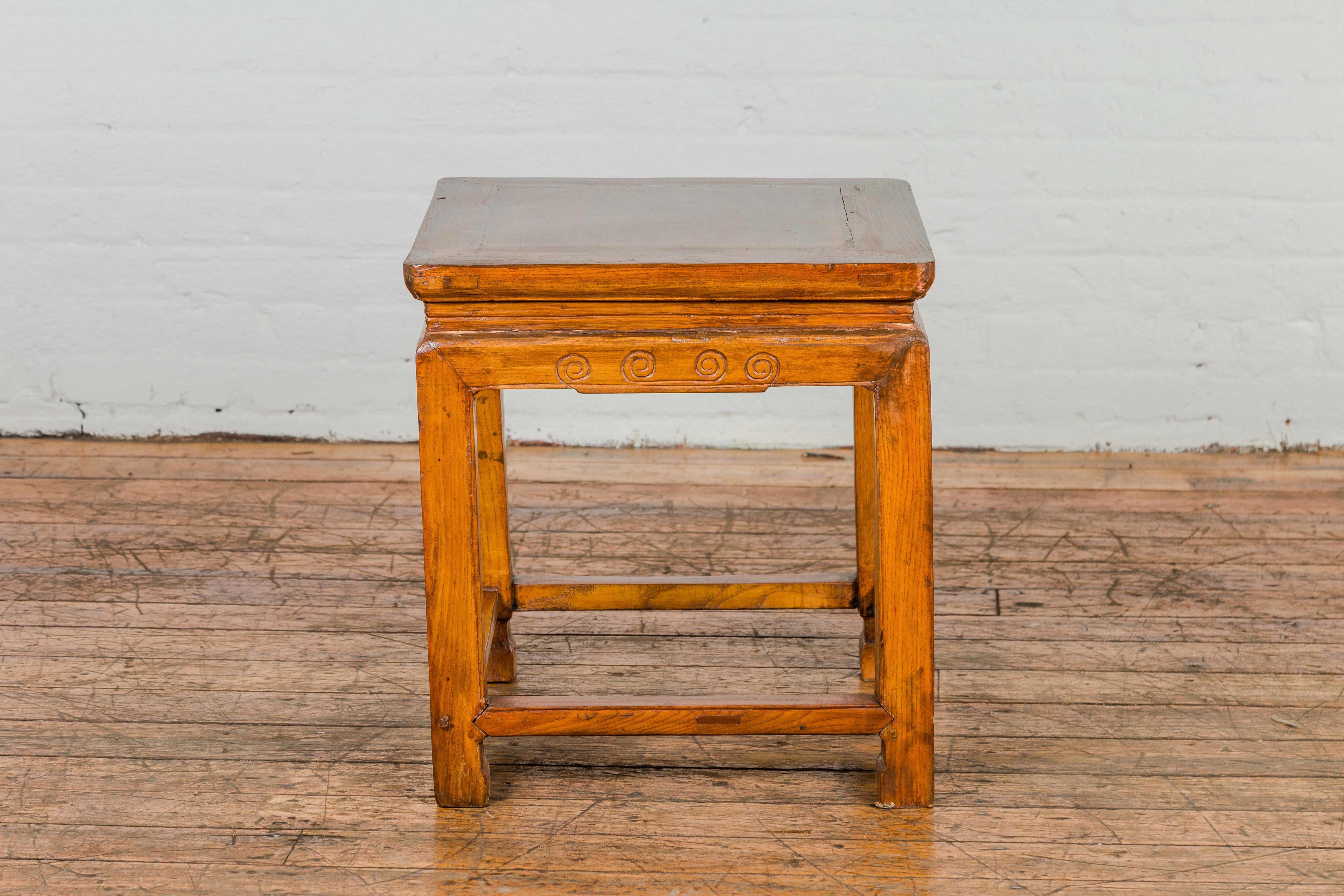 Chinese Elm Qing Dynasty Period Side Table with Horse Hoof Legs and Stretchers In Good Condition For Sale In Yonkers, NY