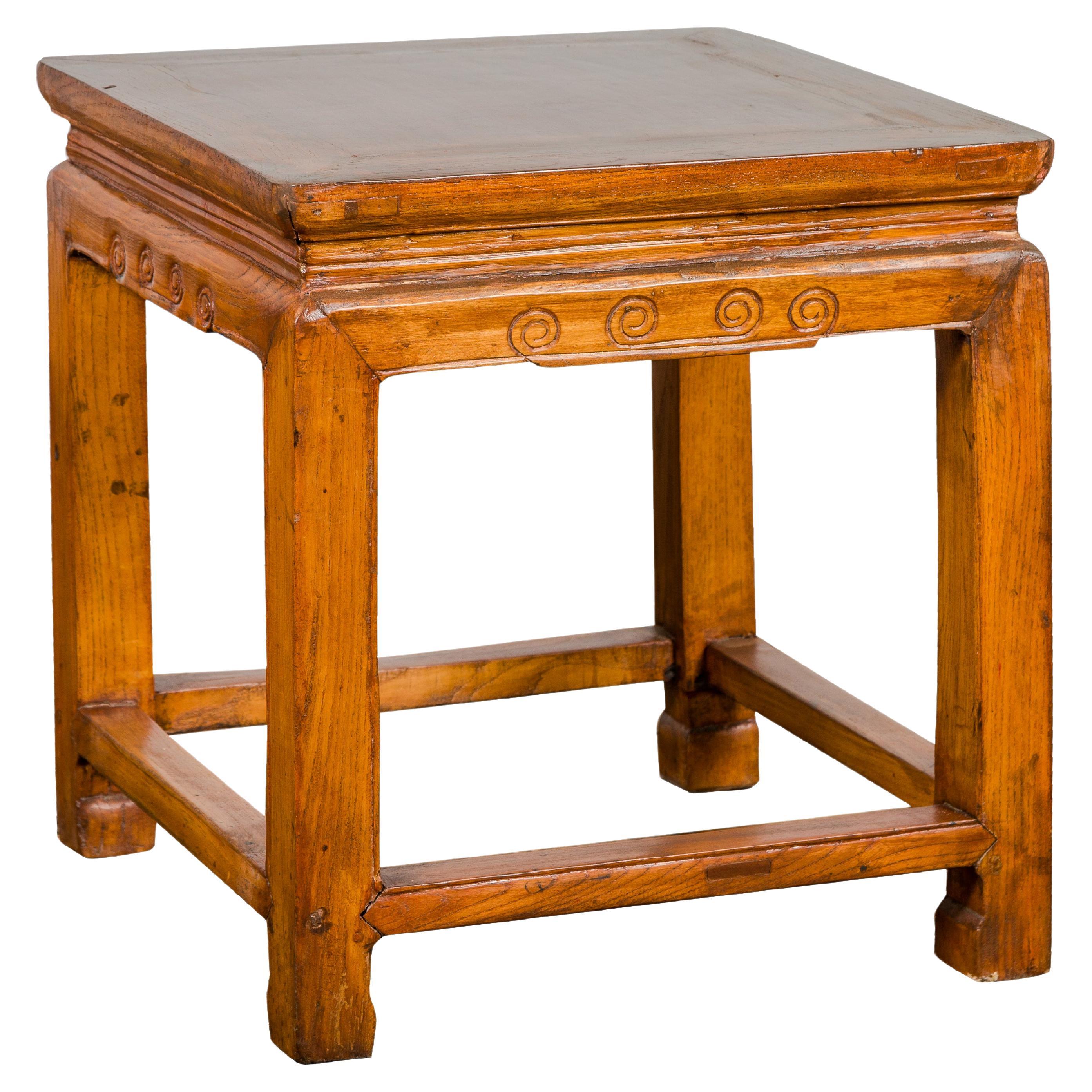 Chinese Elm Qing Dynasty Period Side Table with Horse Hoof Legs and Stretchers For Sale