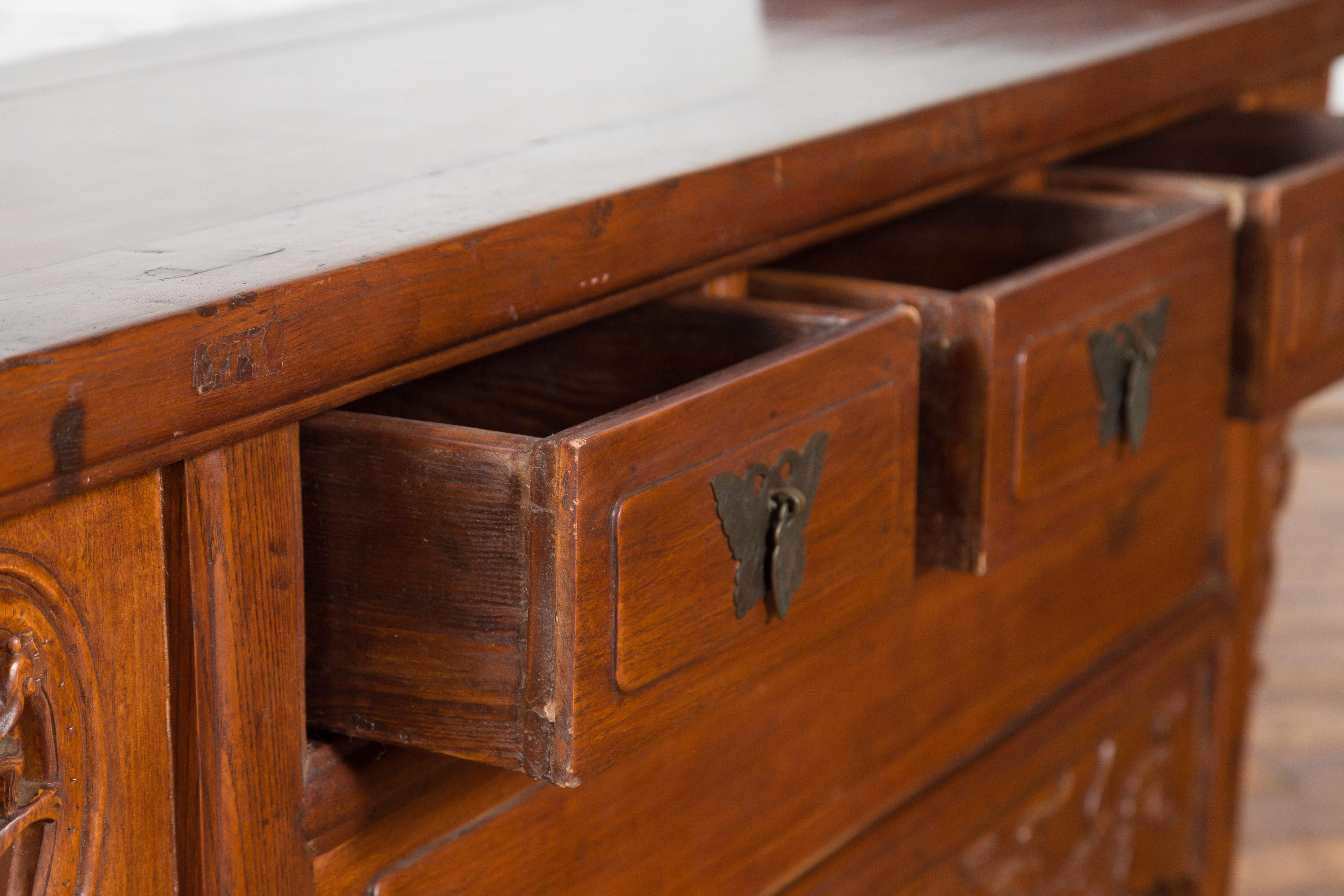 Chinese Elm Three-Drawer Kang Cabinet with Everted Flanges and Carved Spandrels For Sale 5