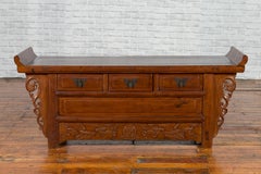 Chinese Elm Three-Drawer Kang Cabinet with Everted Flanges and Carved Spandrels