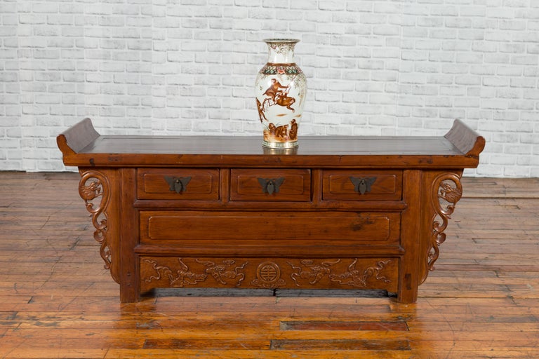 Chinese Elm Three-Drawer Kang Cabinet with Everted Flanges and Carved Spandrels In Good Condition For Sale In Yonkers, NY