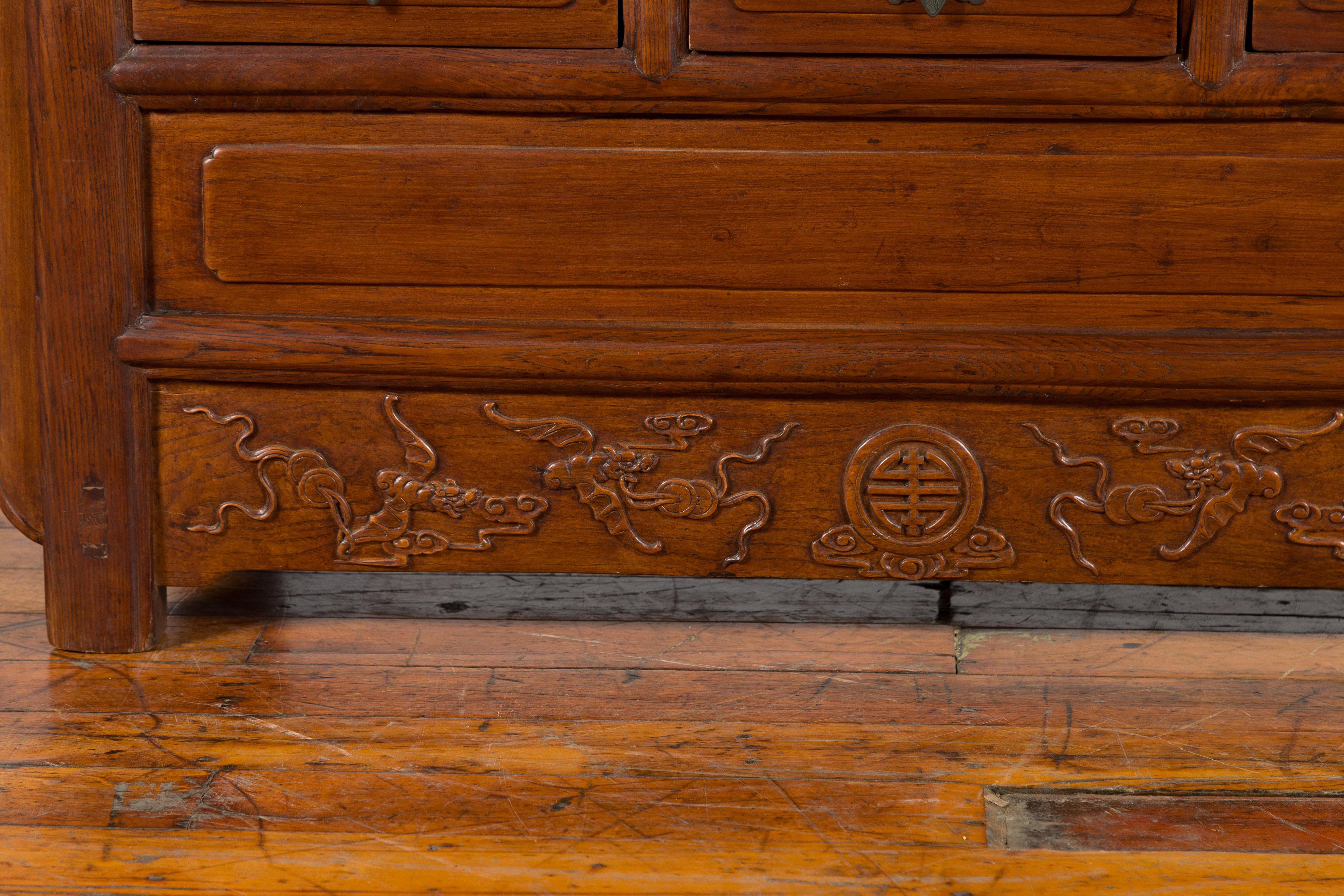 Chinese Elm Three-Drawer Kang Cabinet with Everted Flanges and Carved Spandrels For Sale 1