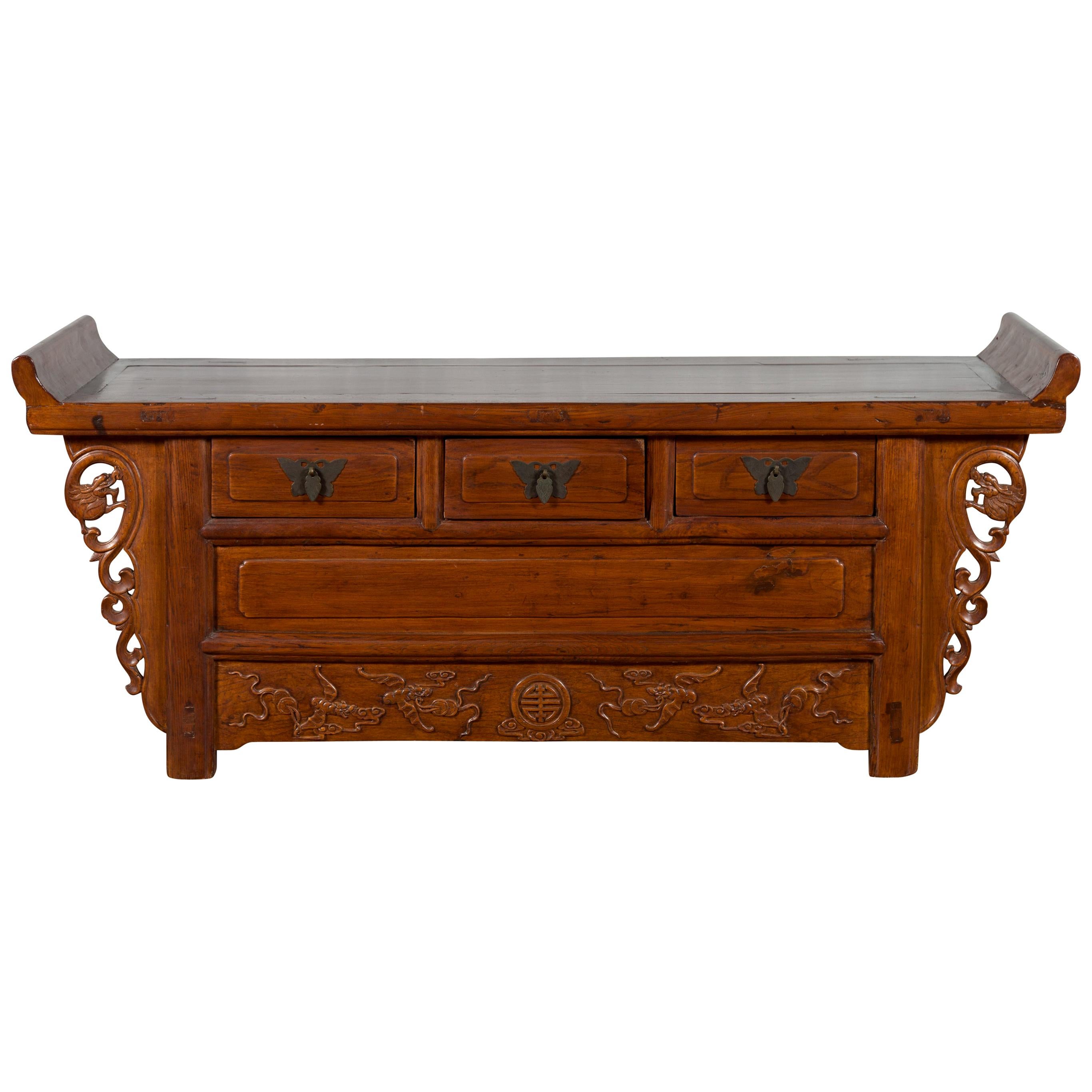Chinese Elm Three-Drawer Kang Cabinet with Everted Flanges and Carved Spandrels