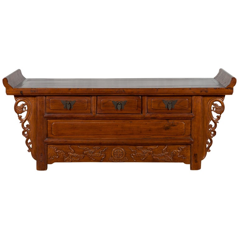 Chinese Elm Three-Drawer Kang Cabinet with Everted Flanges and Carved Spandrels For Sale
