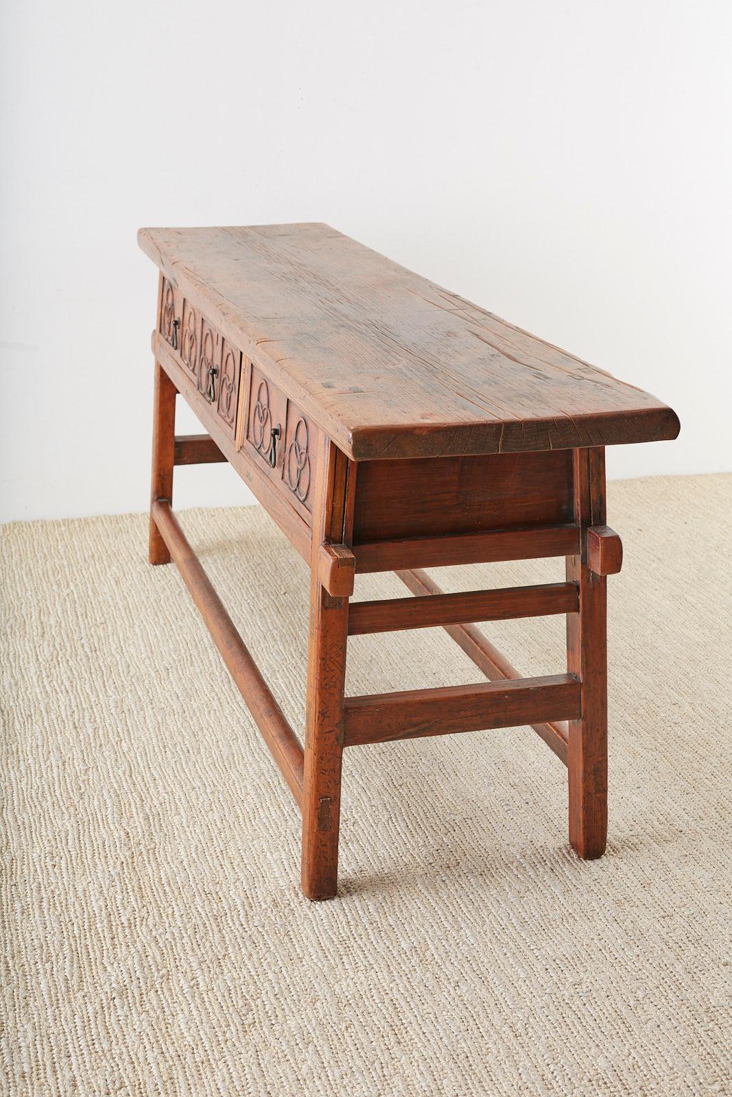 Hand-Carved Chinese Elm Three-Drawer Trestle Style Altar Table