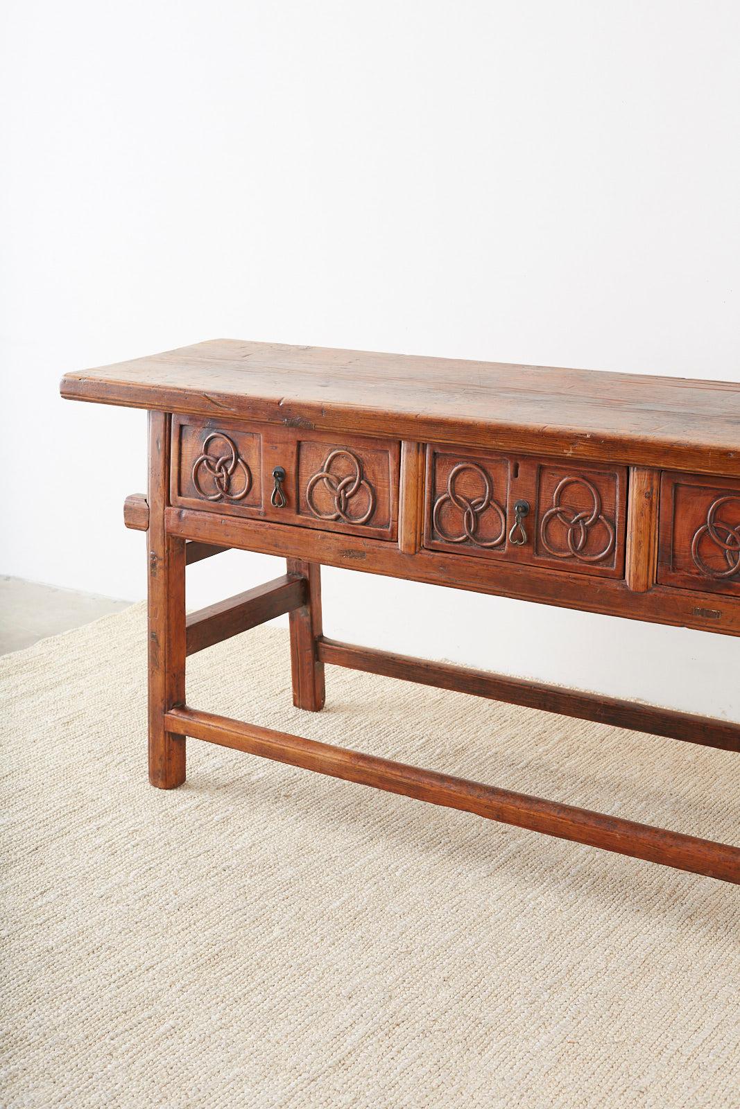 Chinese Elm Three-Drawer Trestle Style Altar Table In Good Condition In Rio Vista, CA
