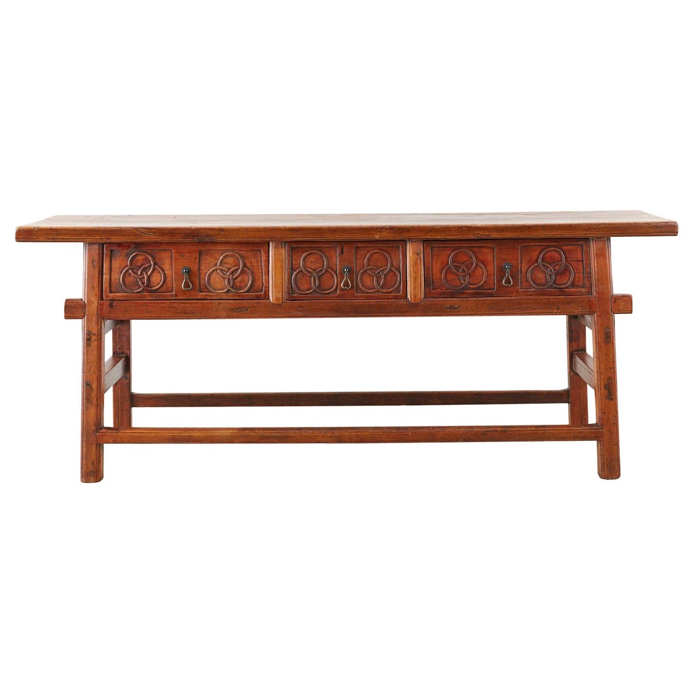 Chinese Elm Three-Drawer Trestle Style Altar Table