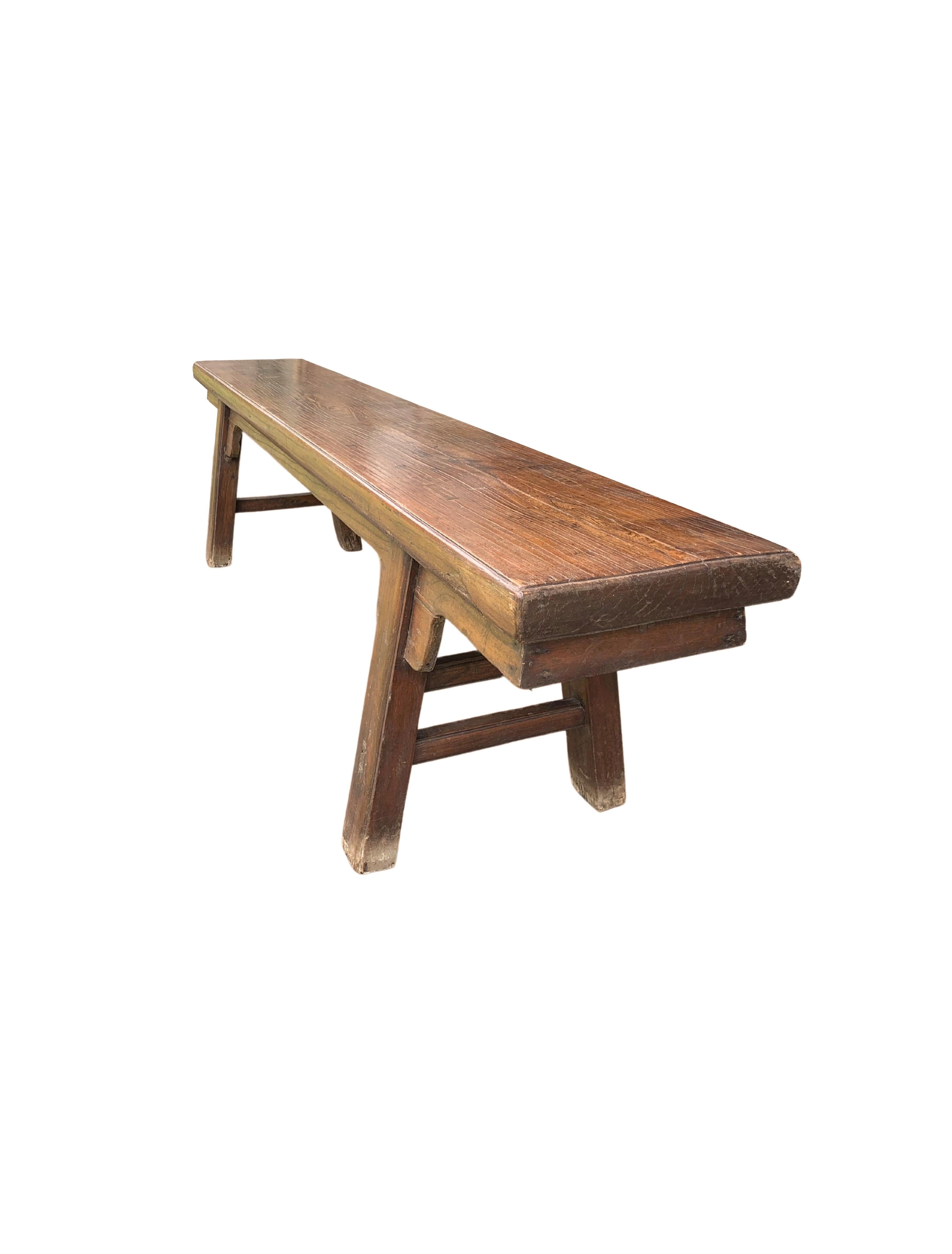 Chinese Elm Wood Three Person Long Bench, Qing Dynasty In Good Condition In Jimbaran, Bali