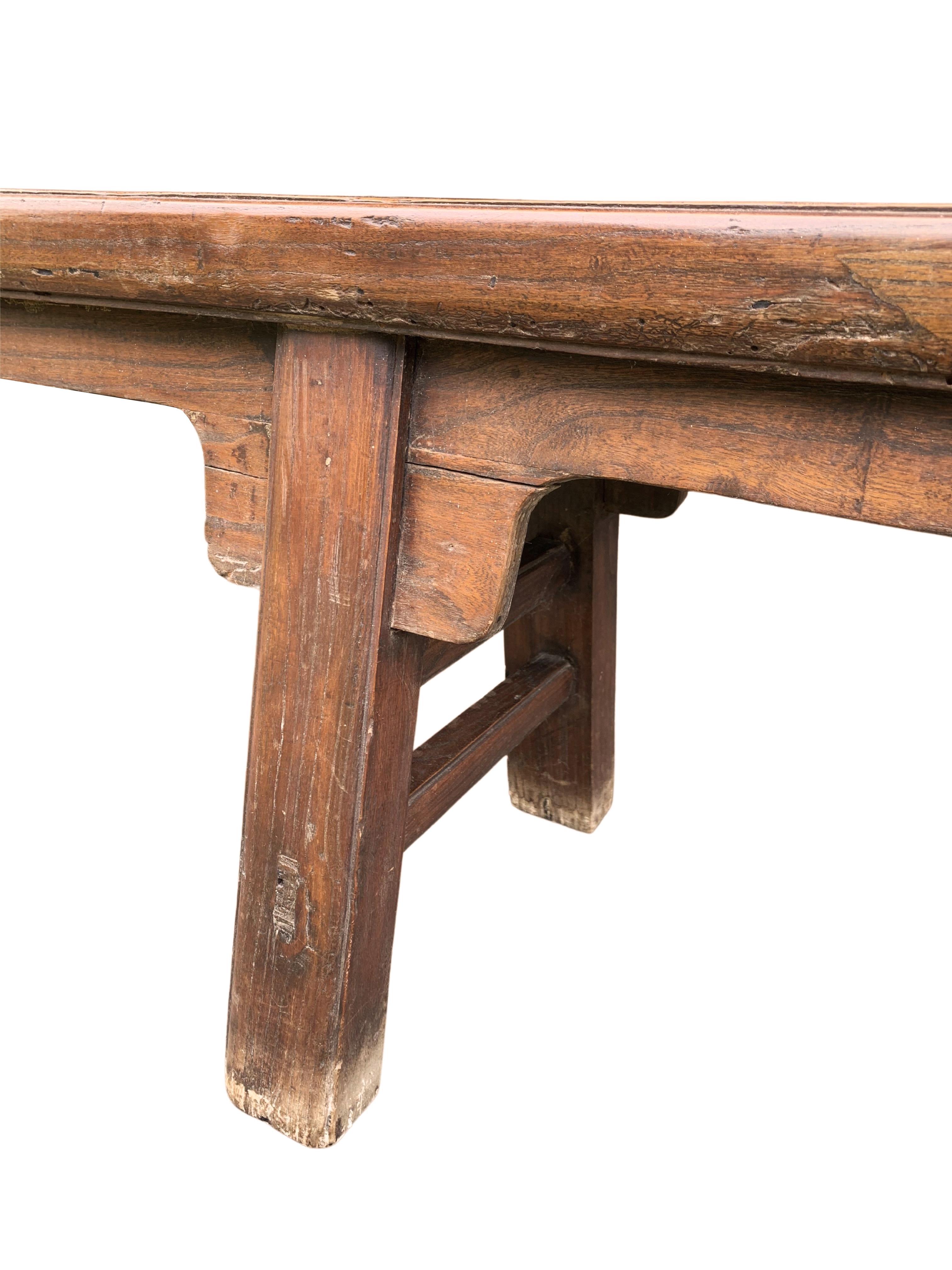 19th Century Chinese Elm Wood Three Person Long Bench, Qing Dynasty