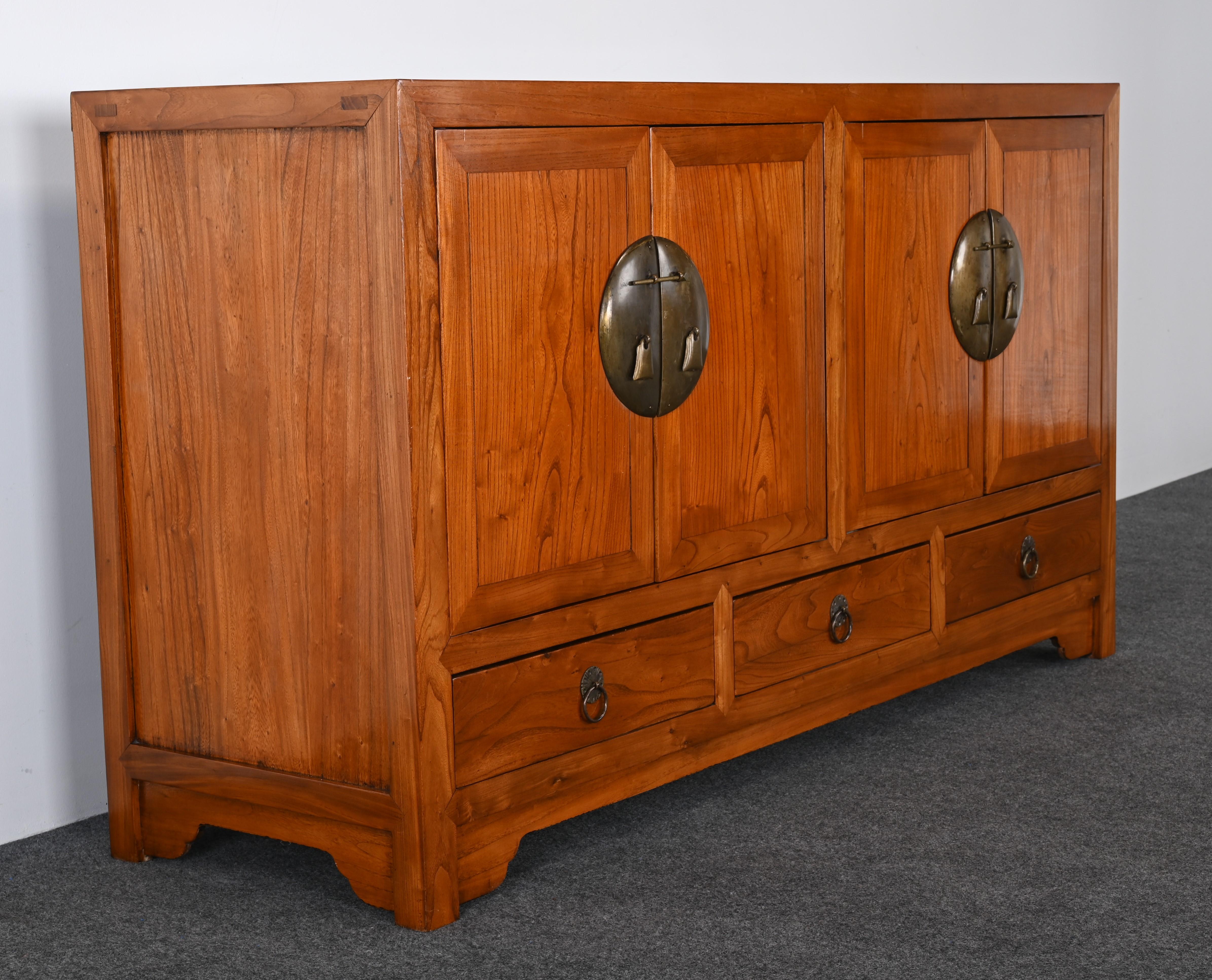 Chinese Elmwood and Brass Credenza or Sideboard, Mid 20th Century For Sale 10