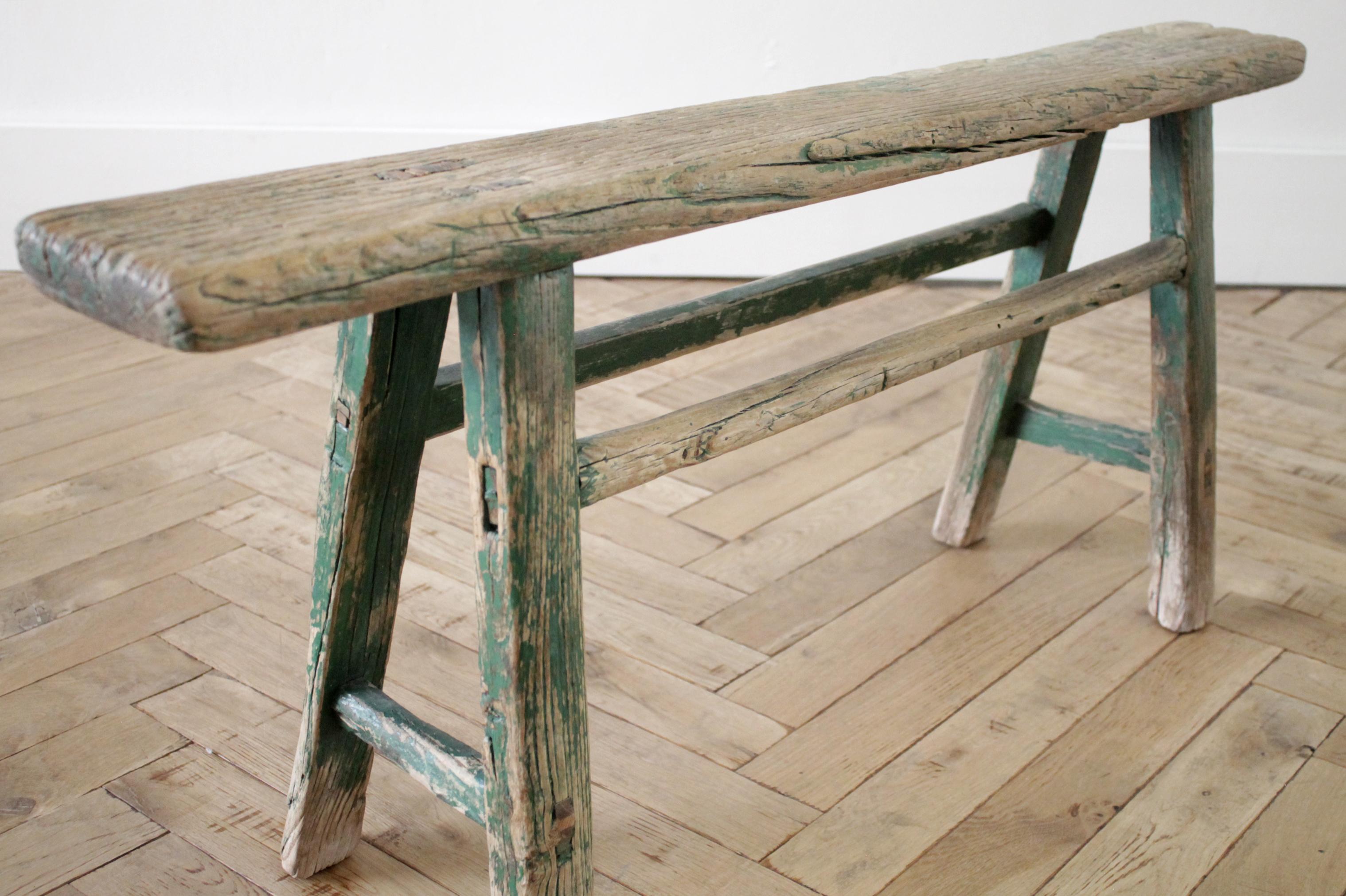 Antique Asian Elm Wood Bench with Faded Green Paint 1