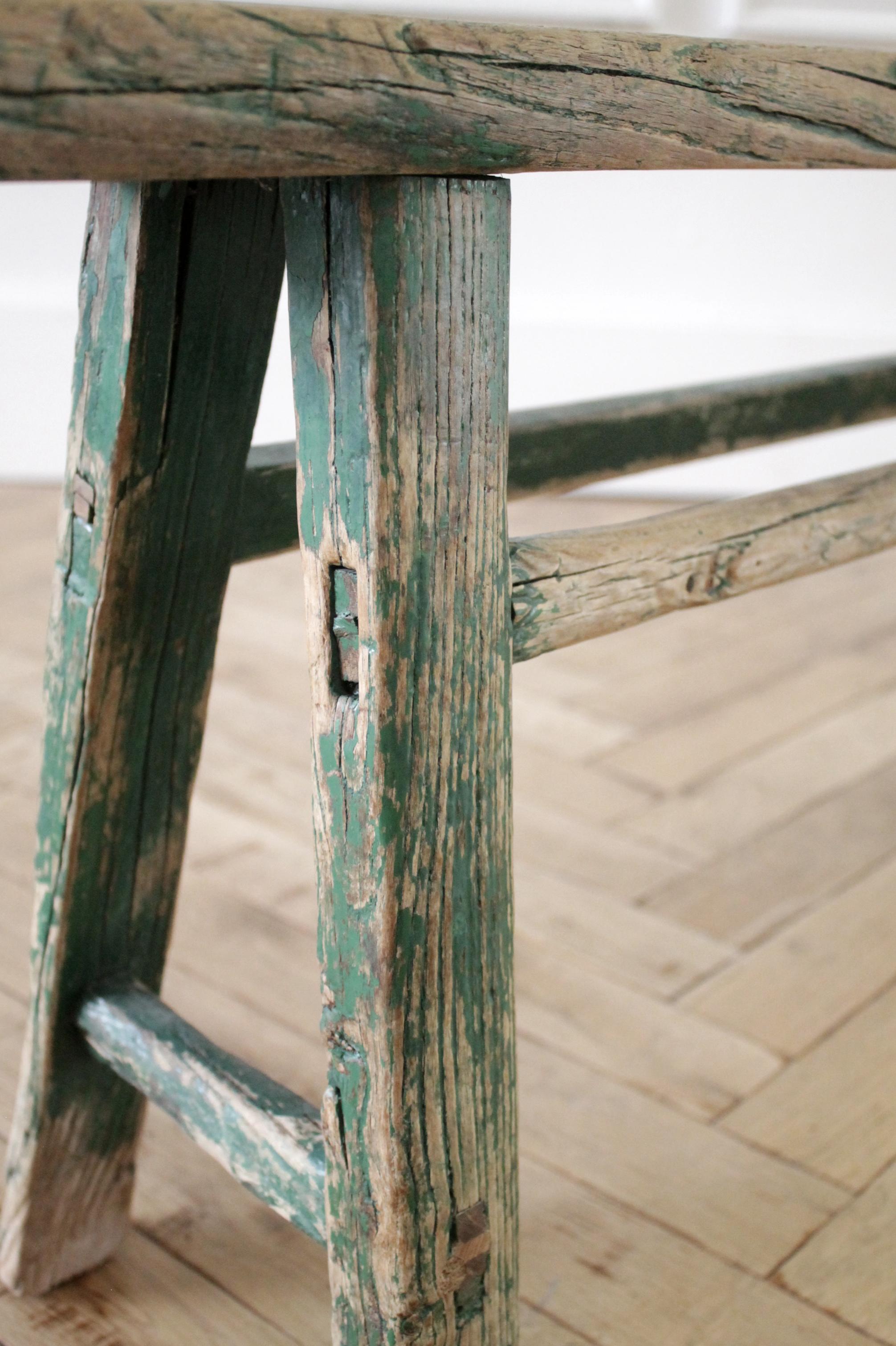 Antique Asian Elm Wood Bench with Faded Green Paint 2