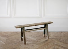 Antique Asian Elm Wood Bench with Faded Green Paint