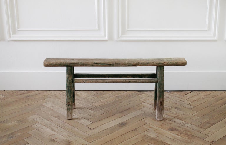 Chinese Antique Asian Elm Wood Bench with Faded Green Paint For Sale