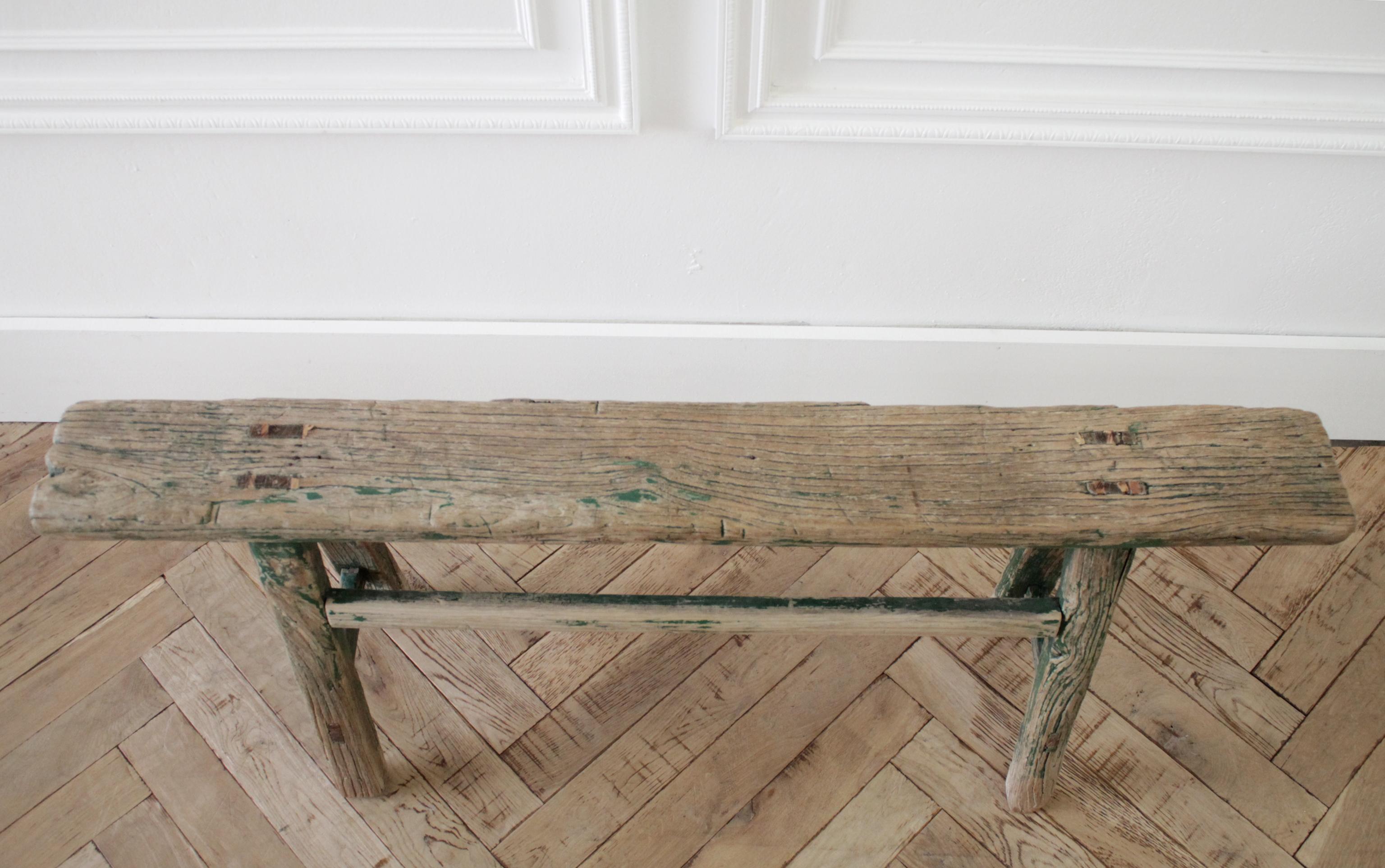 Rustic Antique Asian Elm Wood Bench with Faded Green Paint