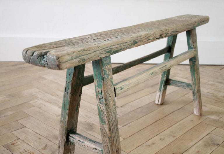 Antique Asian Elm Wood Bench with Faded Green Paint For Sale 1