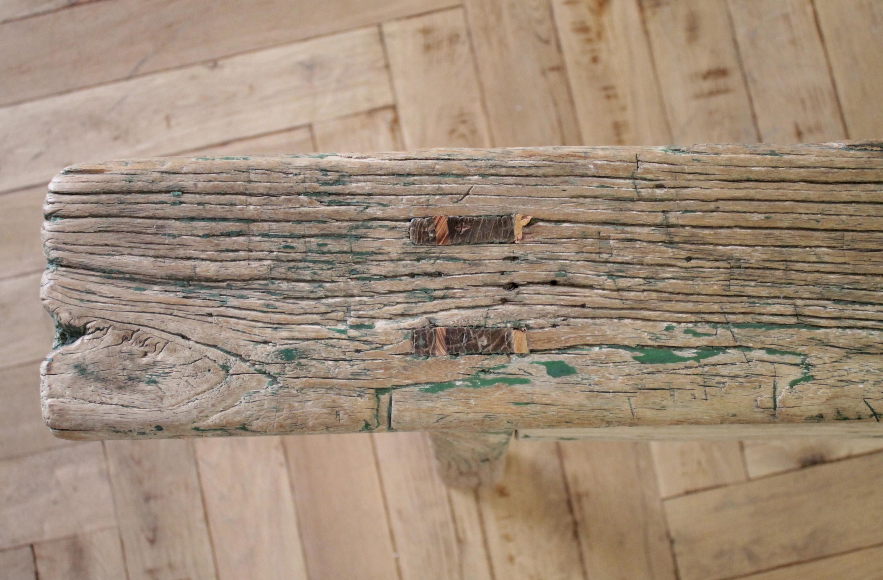 Antique Asian Elm Wood Bench with Faded Green Paint In Good Condition In Brea, CA