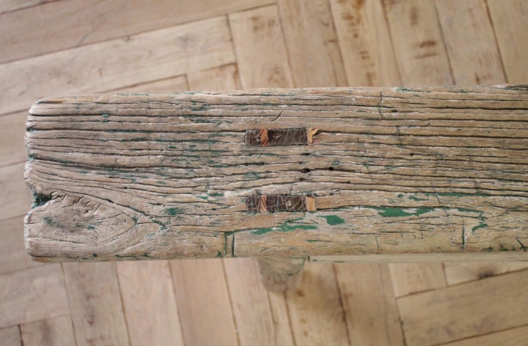 Antique Asian Elm Wood Bench with Faded Green Paint For Sale 2