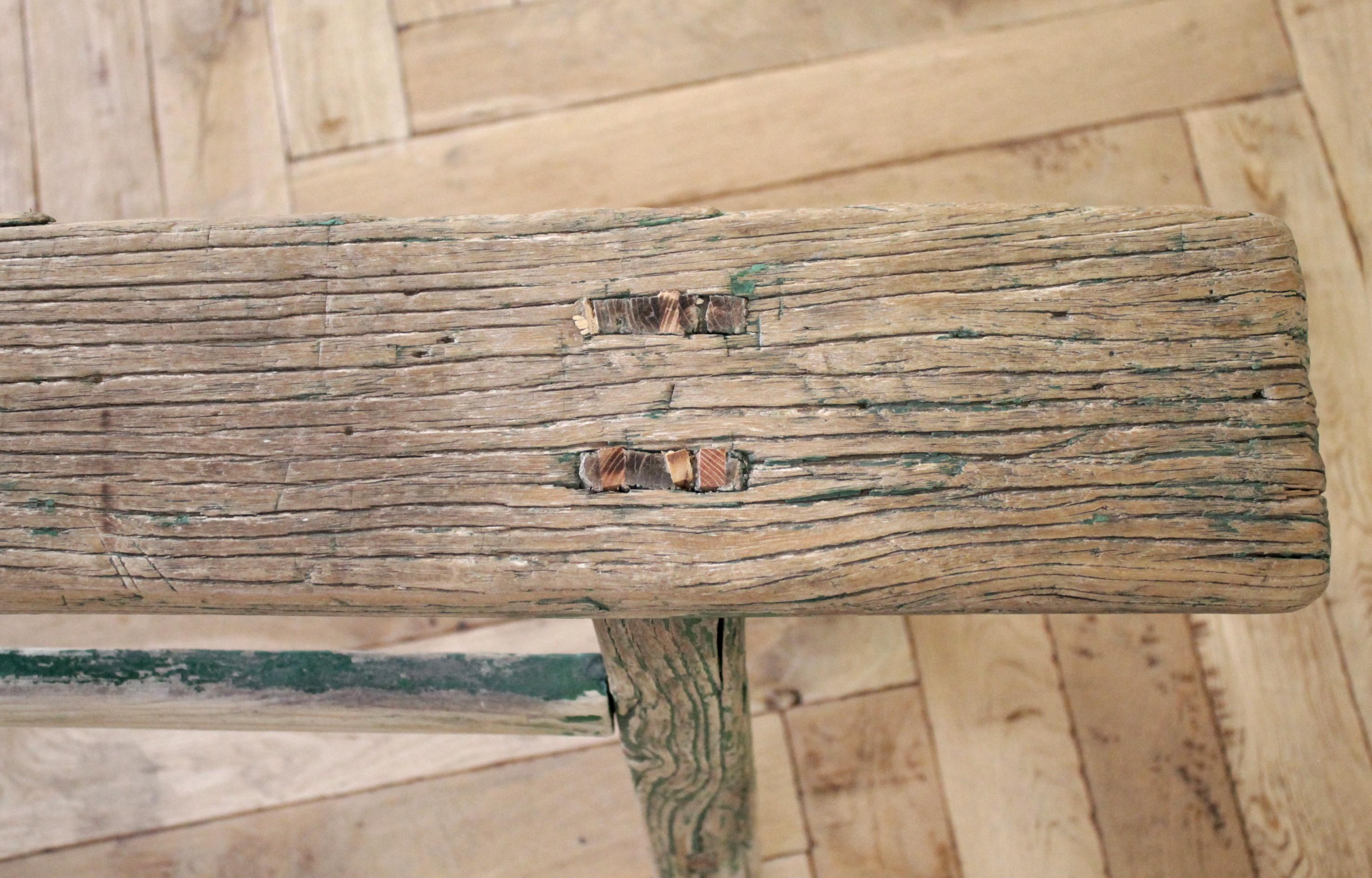 19th Century Antique Asian Elm Wood Bench with Faded Green Paint