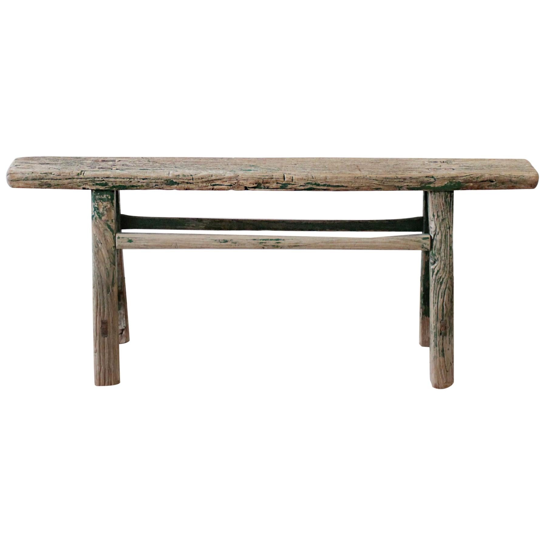 Antique Asian Elm Wood Bench with Faded Green Paint