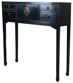 Chinese Elmwood Black Lacquer Console Table Hall Cabinet Oriental Mandarin