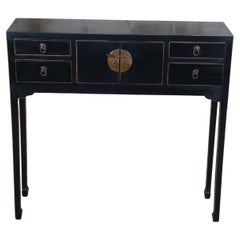 Vintage Chinese Elmwood Black Lacquer Console Table Hall Cabinet Oriental Mandarin