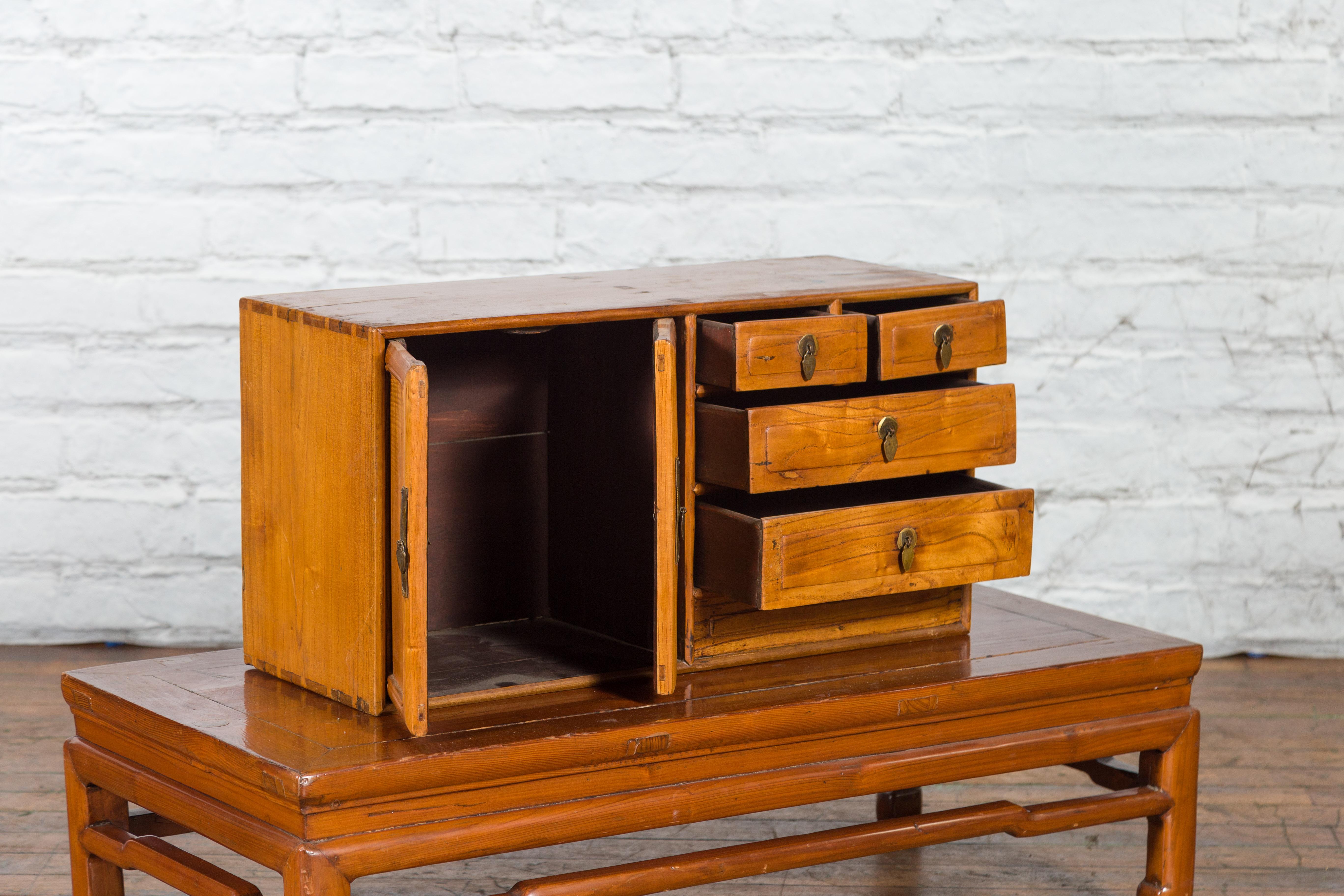 Brass Chinese Elmwood Early 20th Century Makeup Chest with Doors and Drawers For Sale