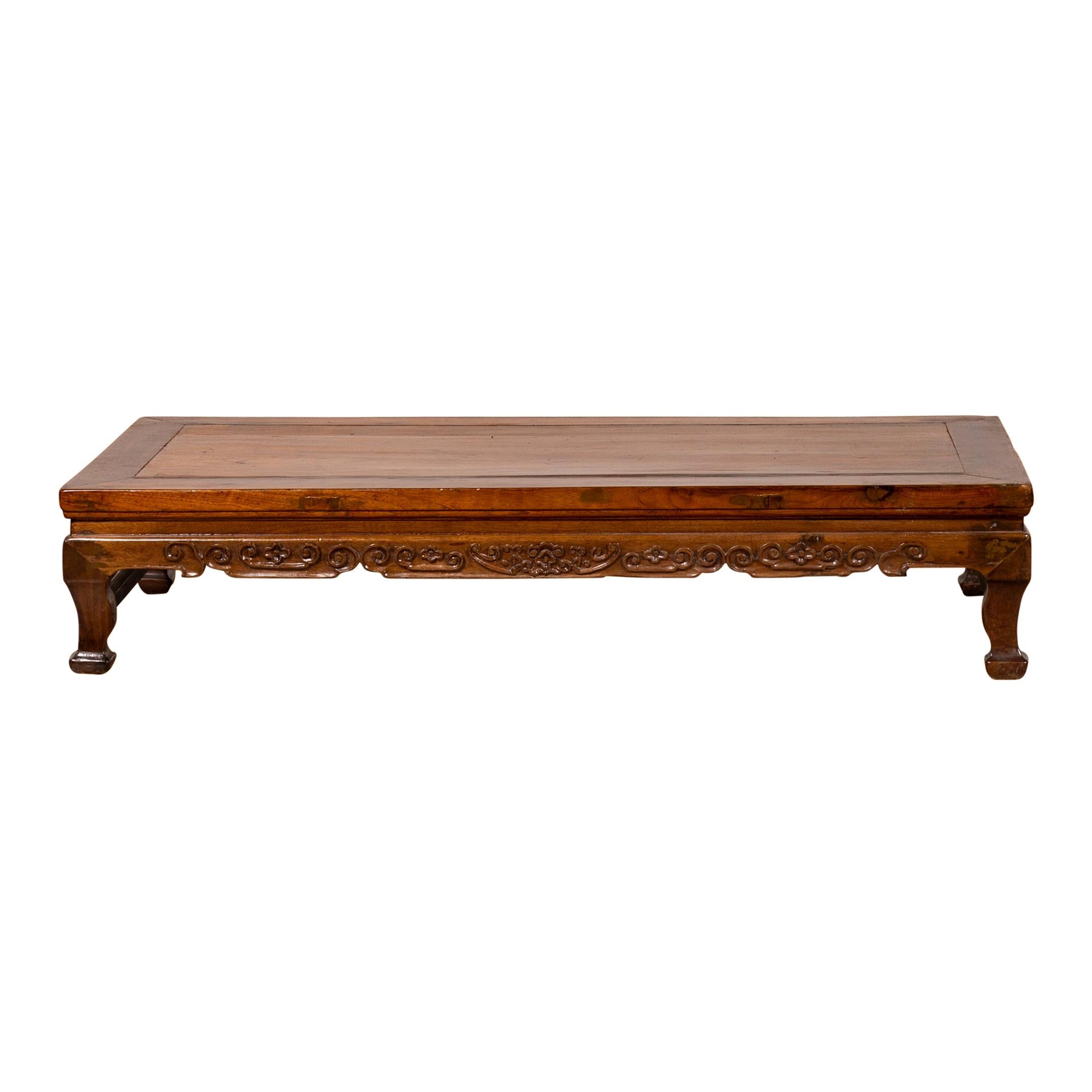 Chinese Elmwood Low Prayer Waisted Table with Carved Apron and Curving Feet