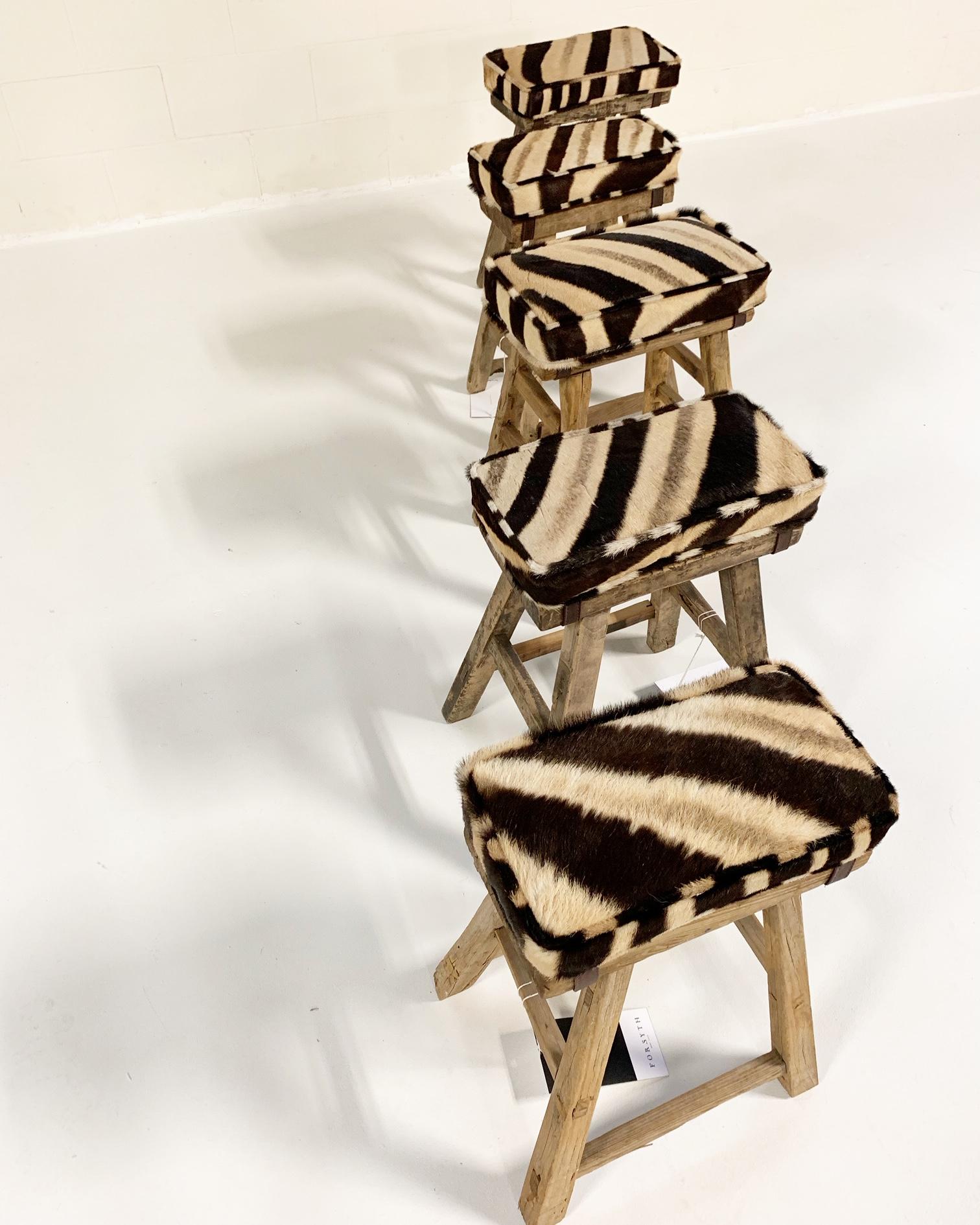 Zebra Hide Chinese Elmwood Stool with Zebra Cushion For Sale