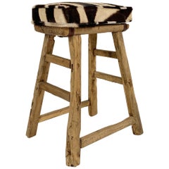 Antique Chinese Elmwood Stool with Zebra Cushion