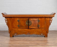 Qing Dynasty Elmwood Two-Door Low Kang Cabinet with Everted Flanges and Scrolls