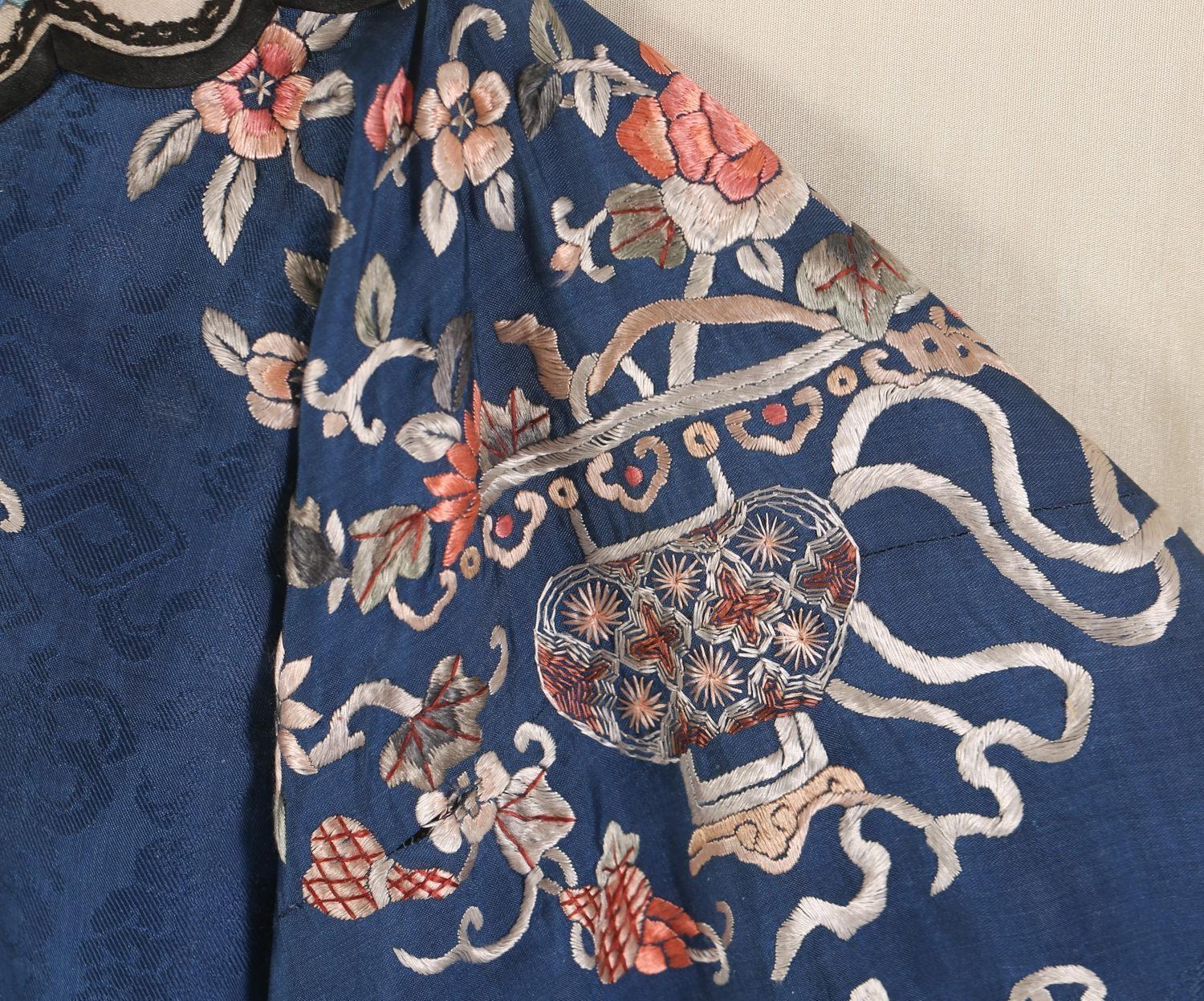 Chinese Embroidered Blue Silk Robe in a Plexiglass Box, Qing Dynasty ...