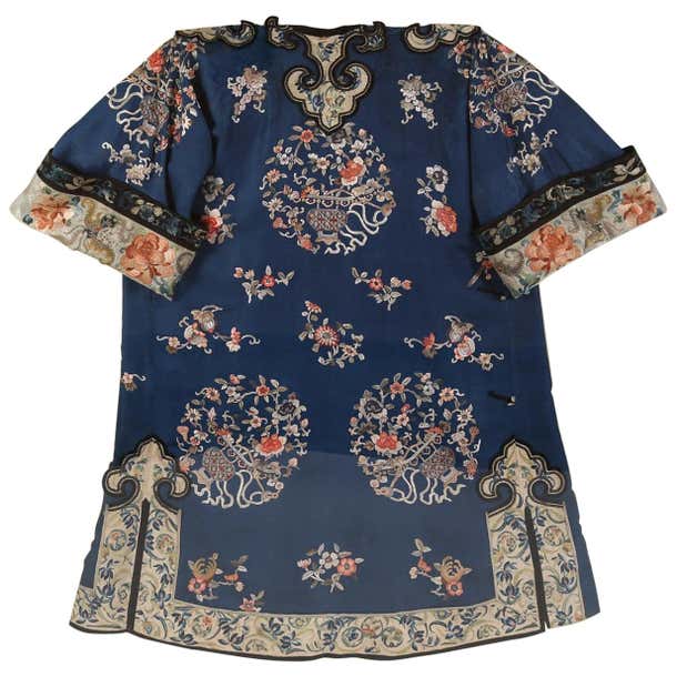 Chinese Embroidered Blue Silk Robe in a Plexiglass Box, Qing Dynasty ...