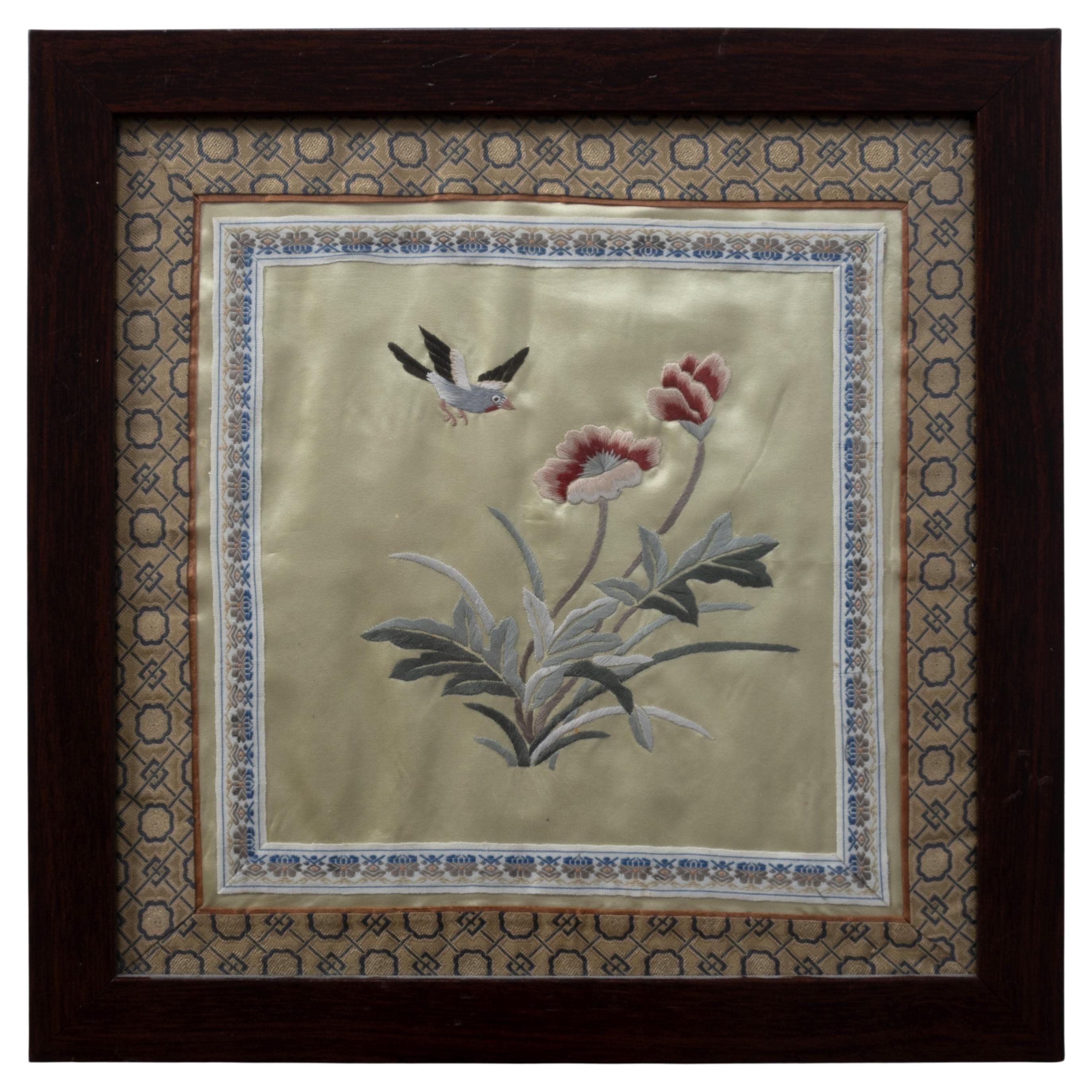 Chinese Embroidered Silk With Bird And Flowers C.1950