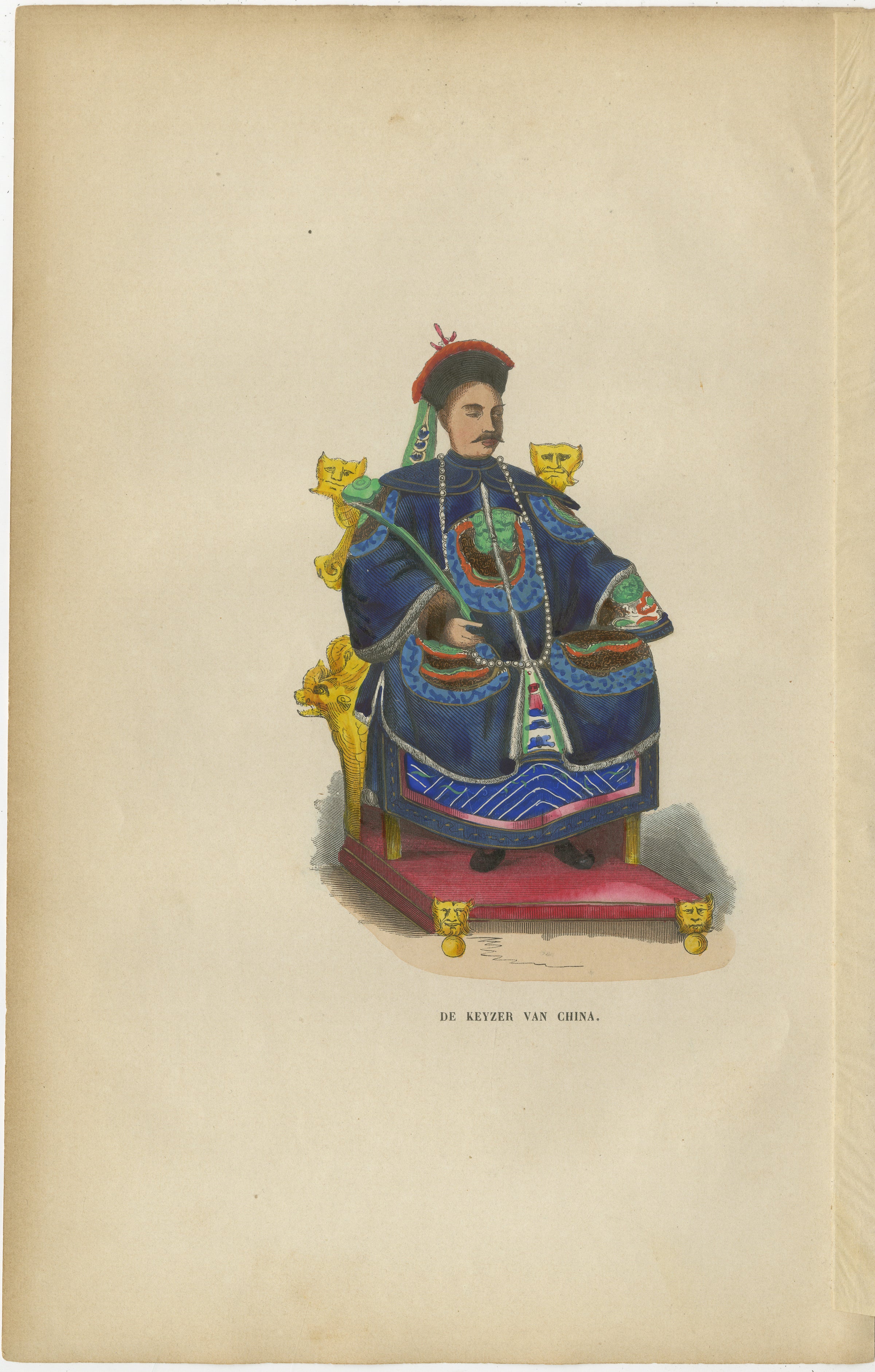 Chinese Emperor Costume Plate, Hand-Colored Lithograph, 1854