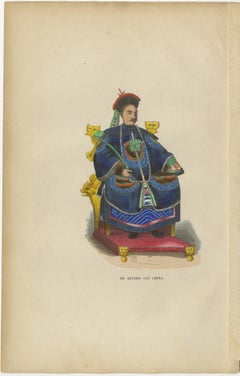 Chinese Emperor Costume Plate, Hand-Colored Lithograph, 1854