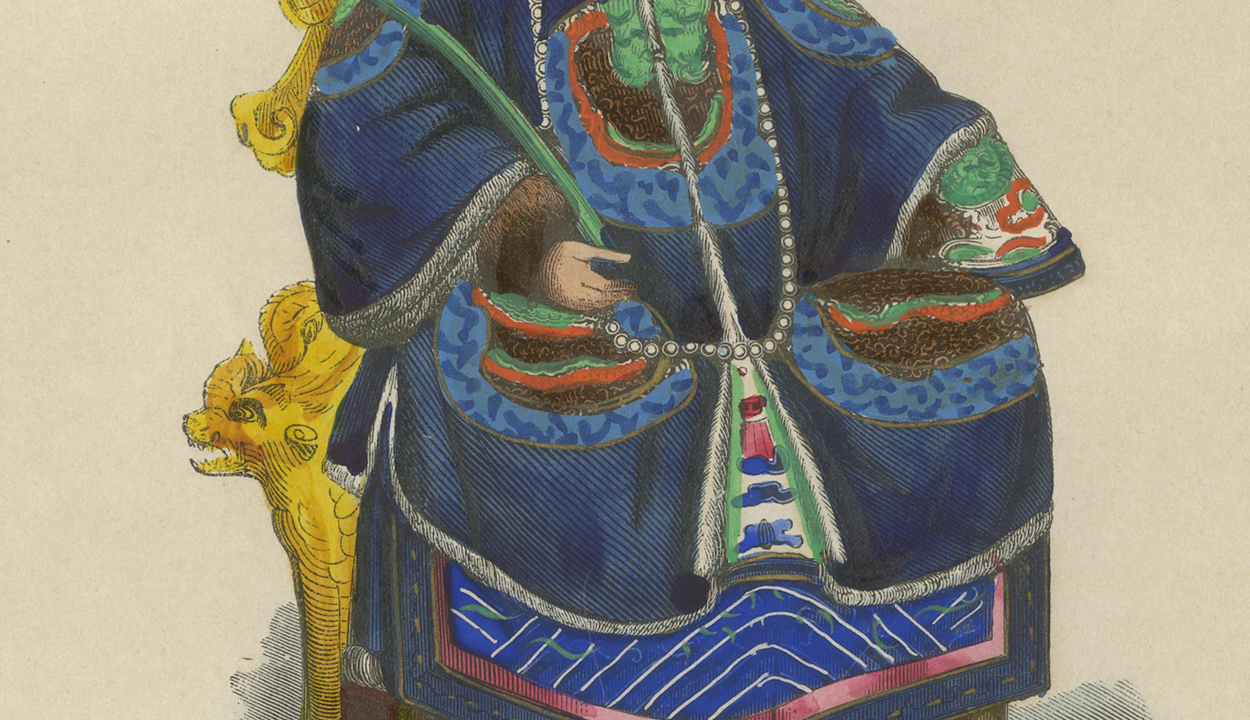 Chinese Emperor Costume Plate, Hand-Colored Lithograph, 1854