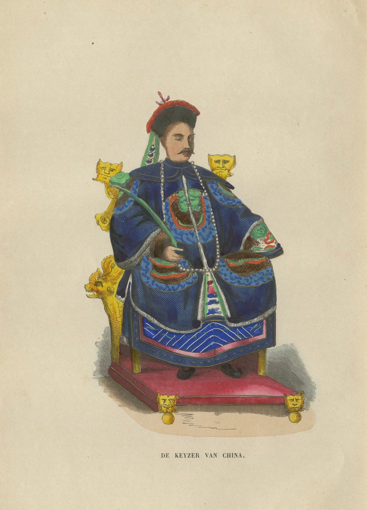 Chinese Emperor Costume Plate, Hand-Colored Lithograph, 1854