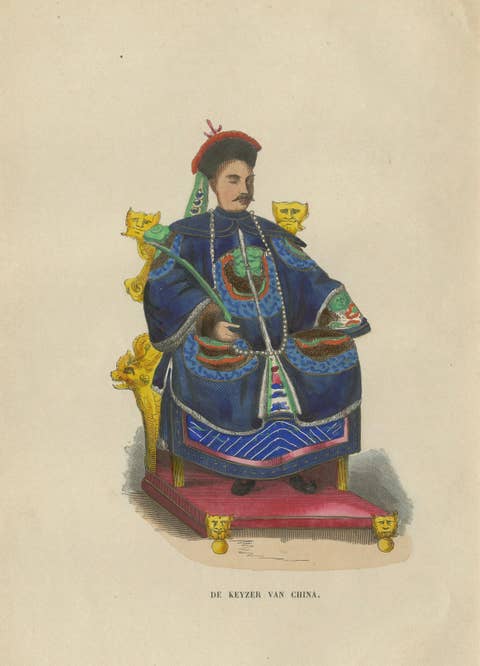 Chinese Emperor Costume Plate, Hand-Colored Lithograph, 1854
