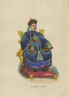 Chinese Emperor Costume Plate, Hand-Colored Lithograph, 1854
