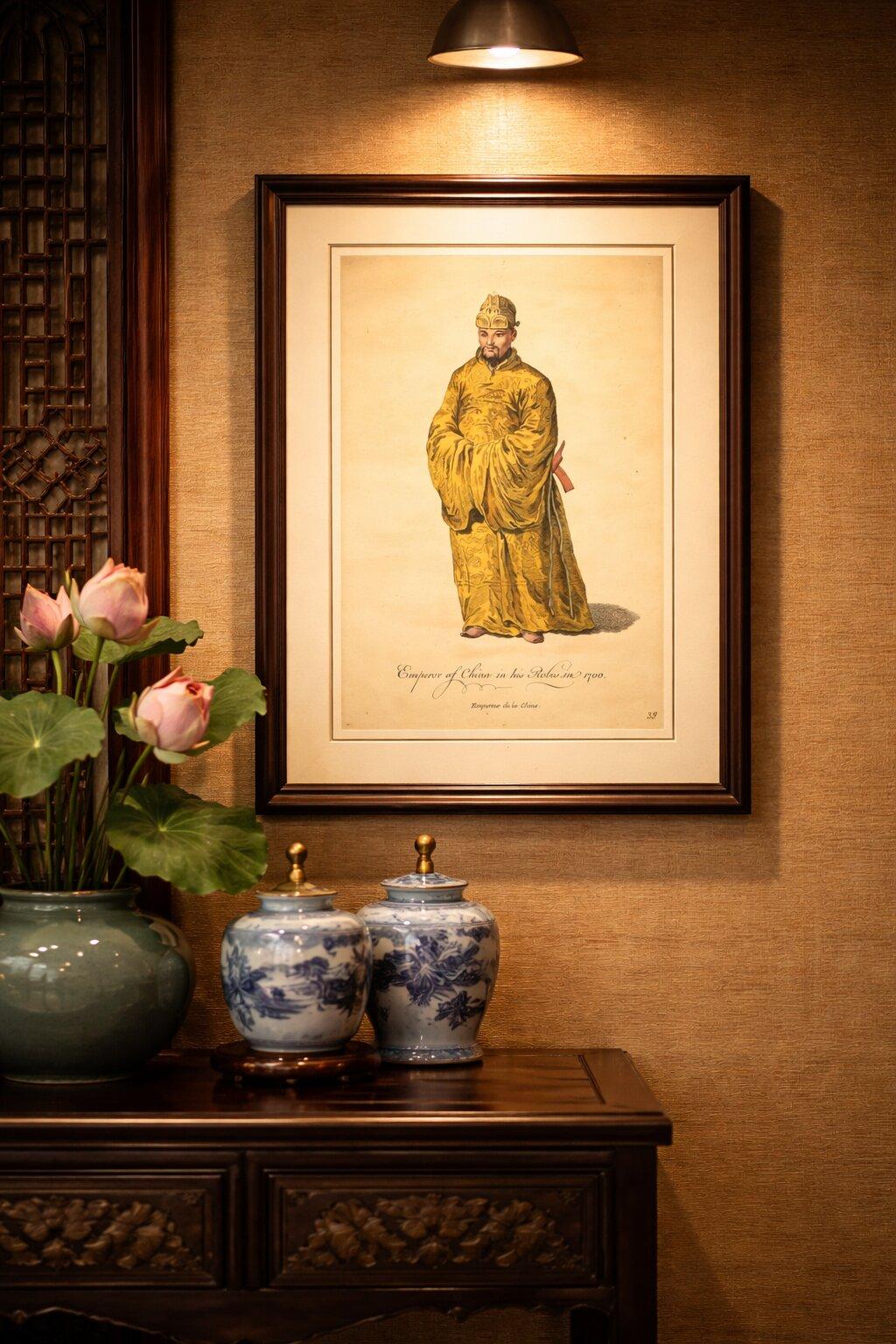 Chinese Emperor in Imperial Robes, Antique Costume Print, Jefferys 1749