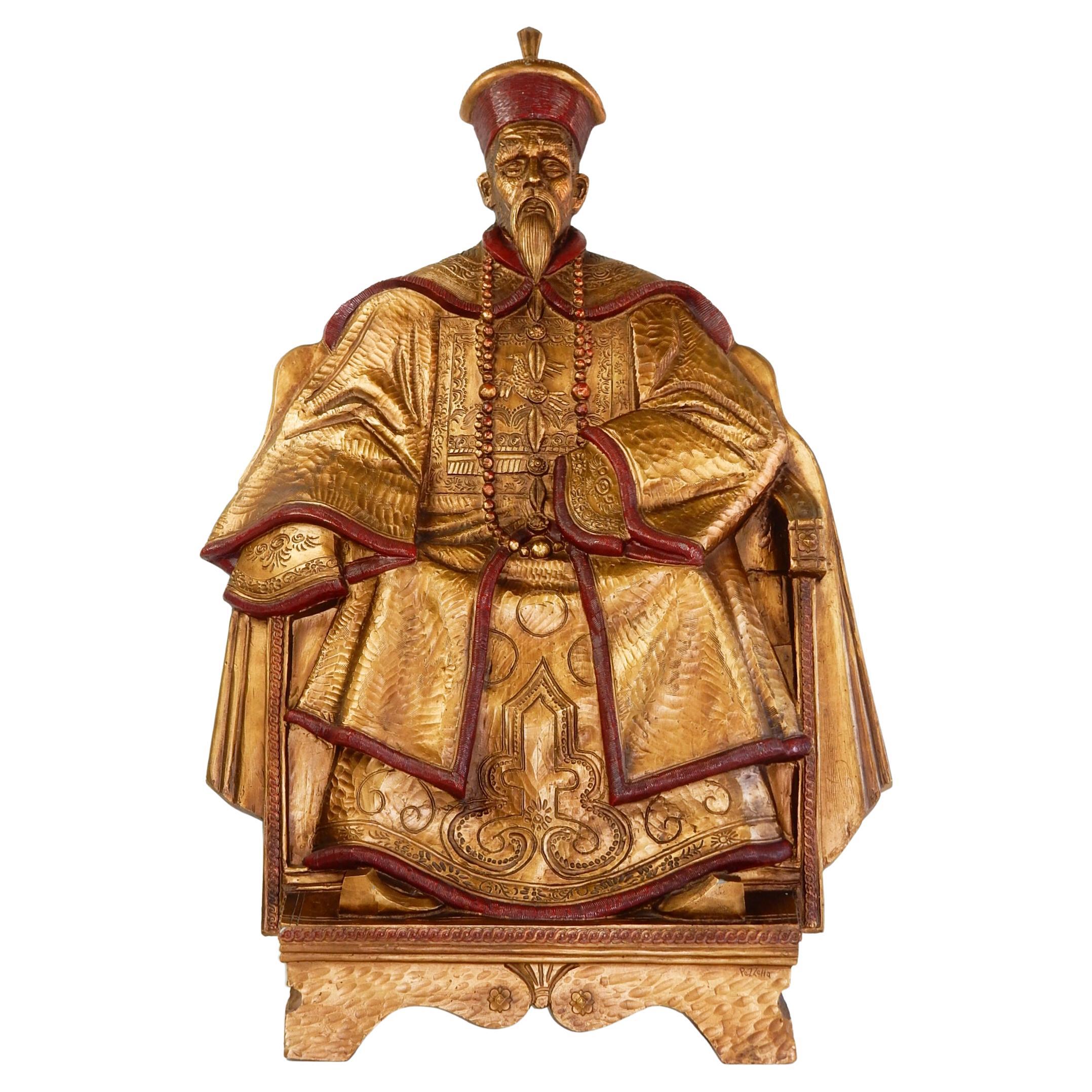 Chinese Emperor on Throne Wall Art Sculpture by Pezzella, 1960s