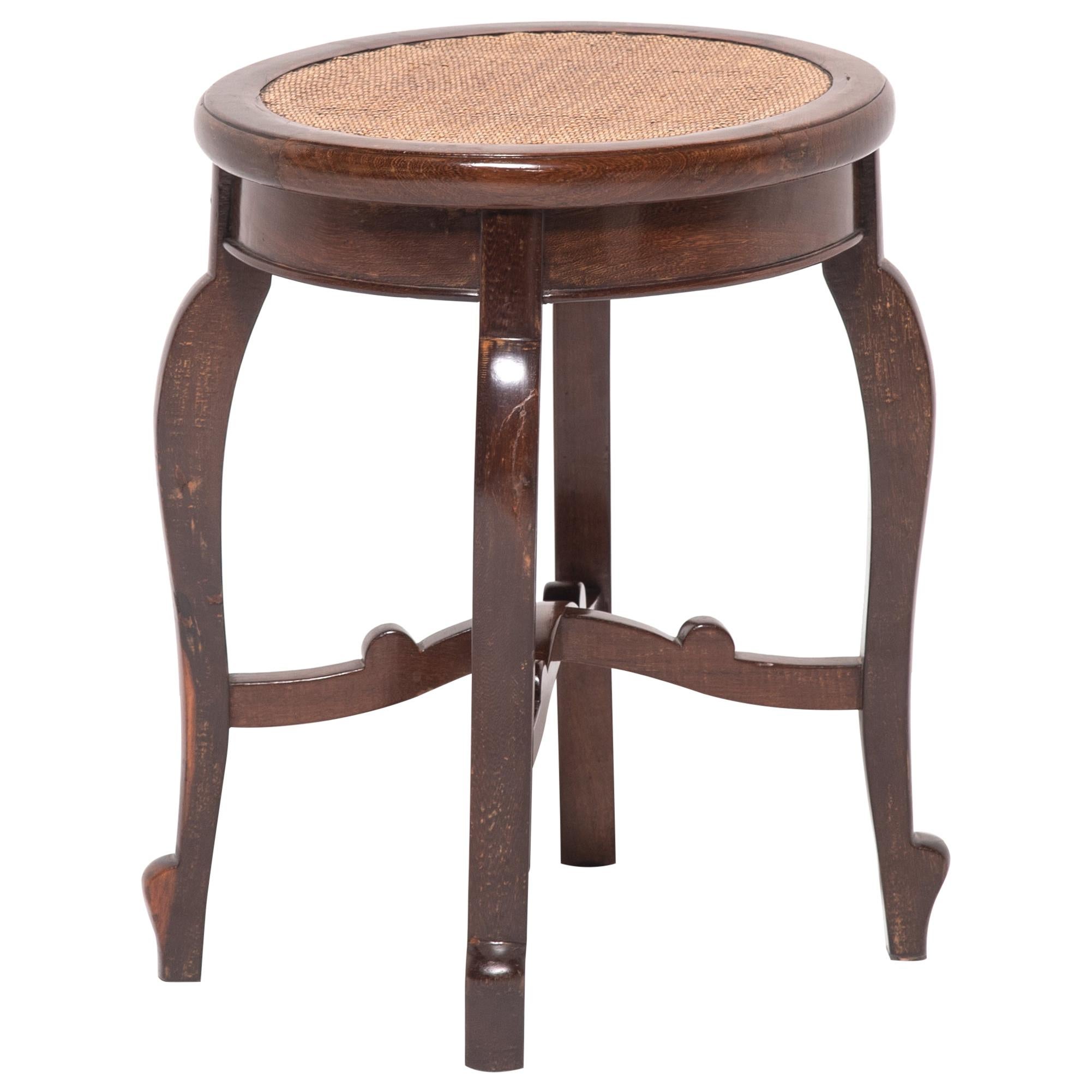 "En Pointe" Round Stool with Cane Seat, circa 1900 For Sale