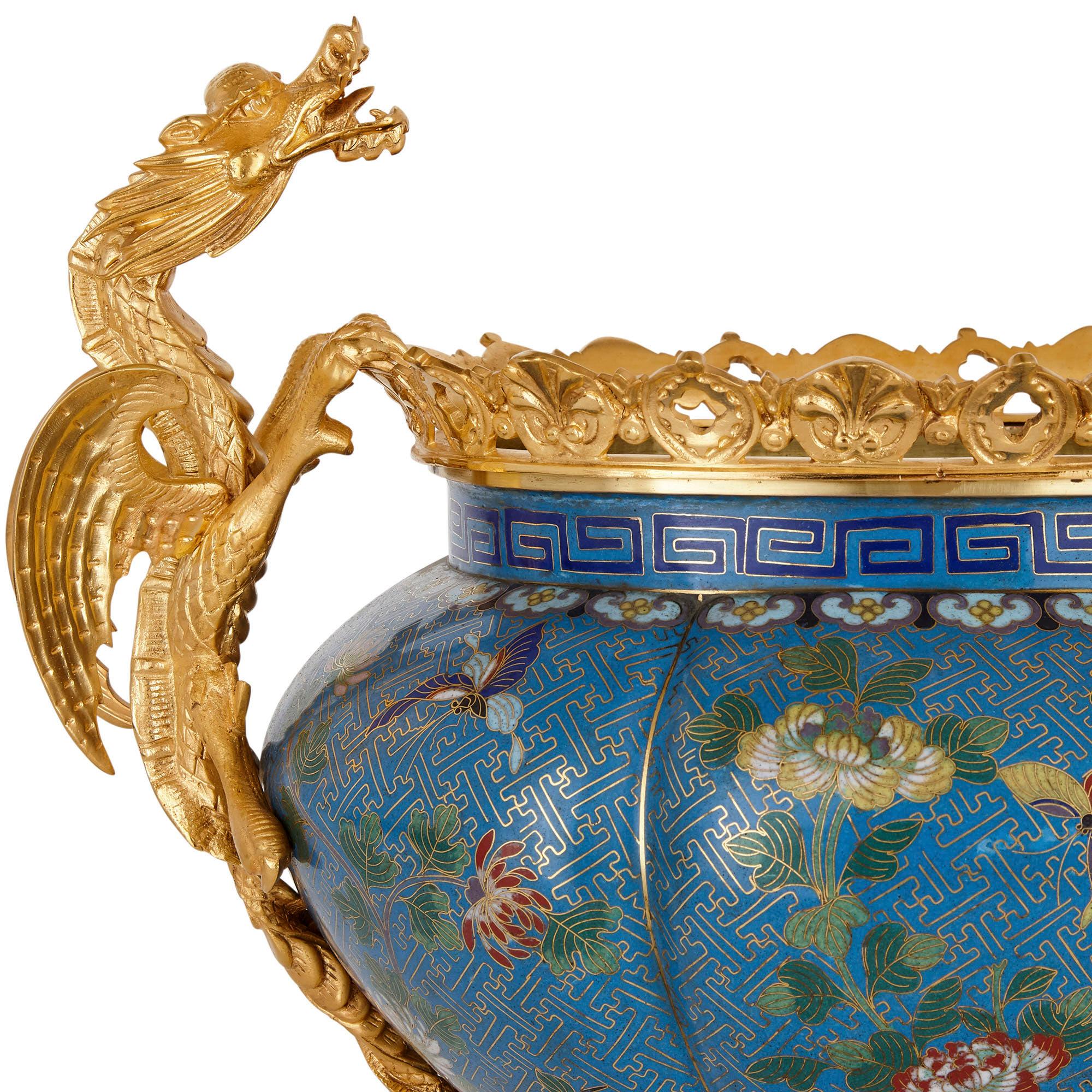 Cloissoné Chinese Enamel and French Gilt Bronze Chinoiserie Jardinière For Sale