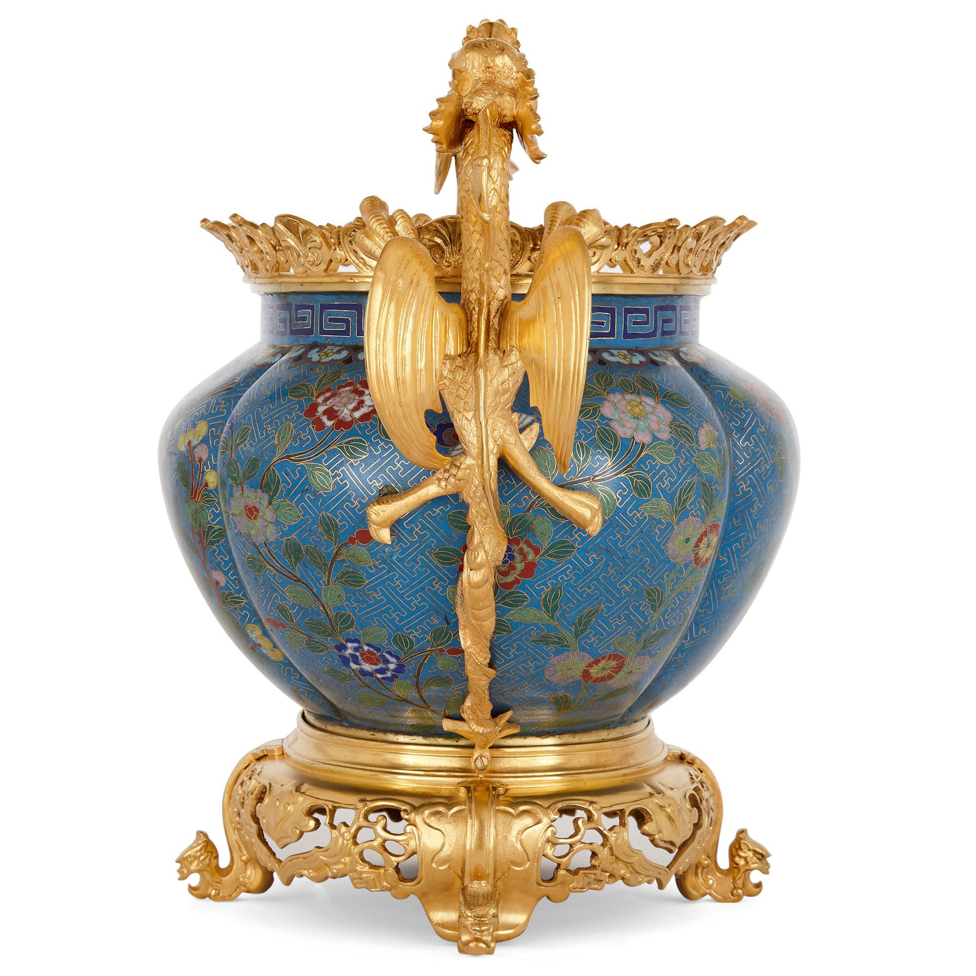 Chinese Enamel and French Gilt Bronze Chinoiserie Jardinière For Sale 1